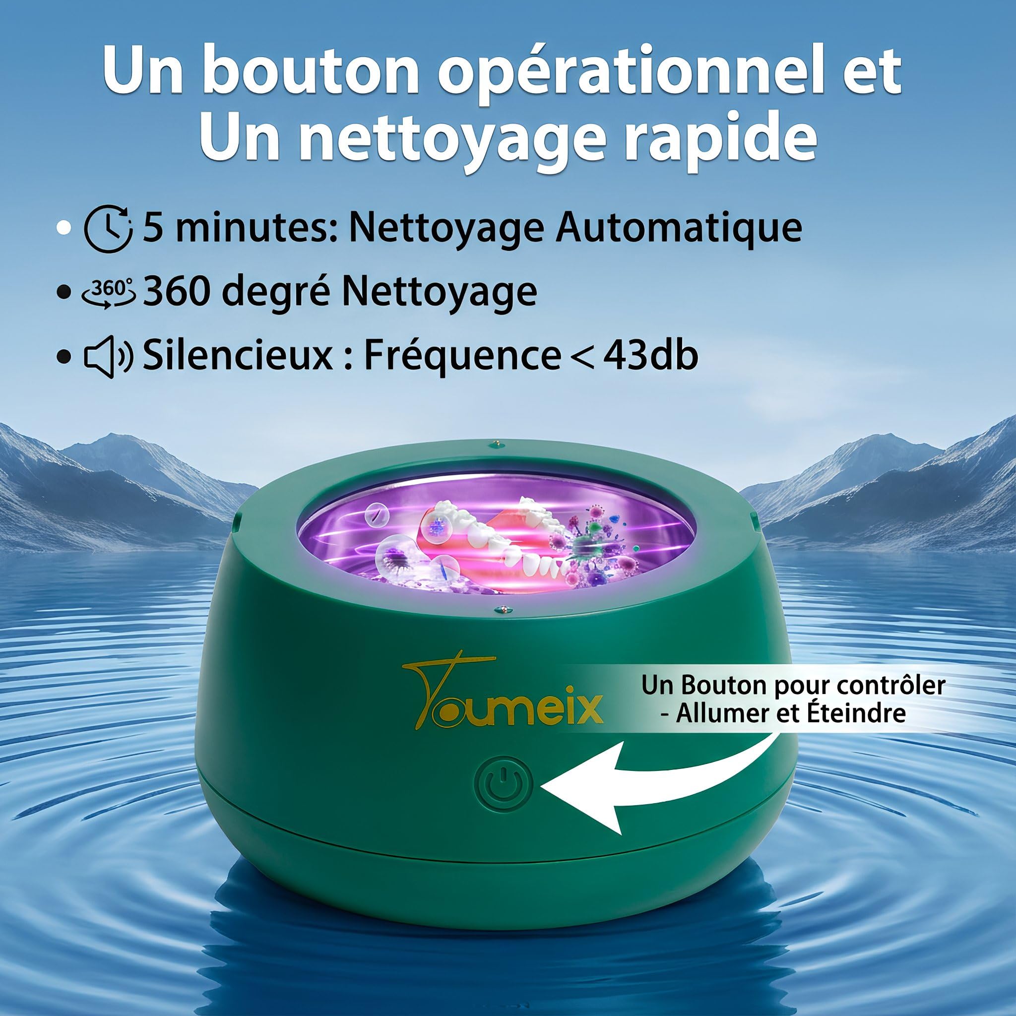 Nettoyeur Ultrasonique UV Premium – 48kHz Haute Fréquence, 200mL Inox SUS304, Étanchéité IPX7, Nettoyage Prothèses Dentaires, Reteneurs, Goutières,... Ultra Silencieux <43dB, Stérilisation.