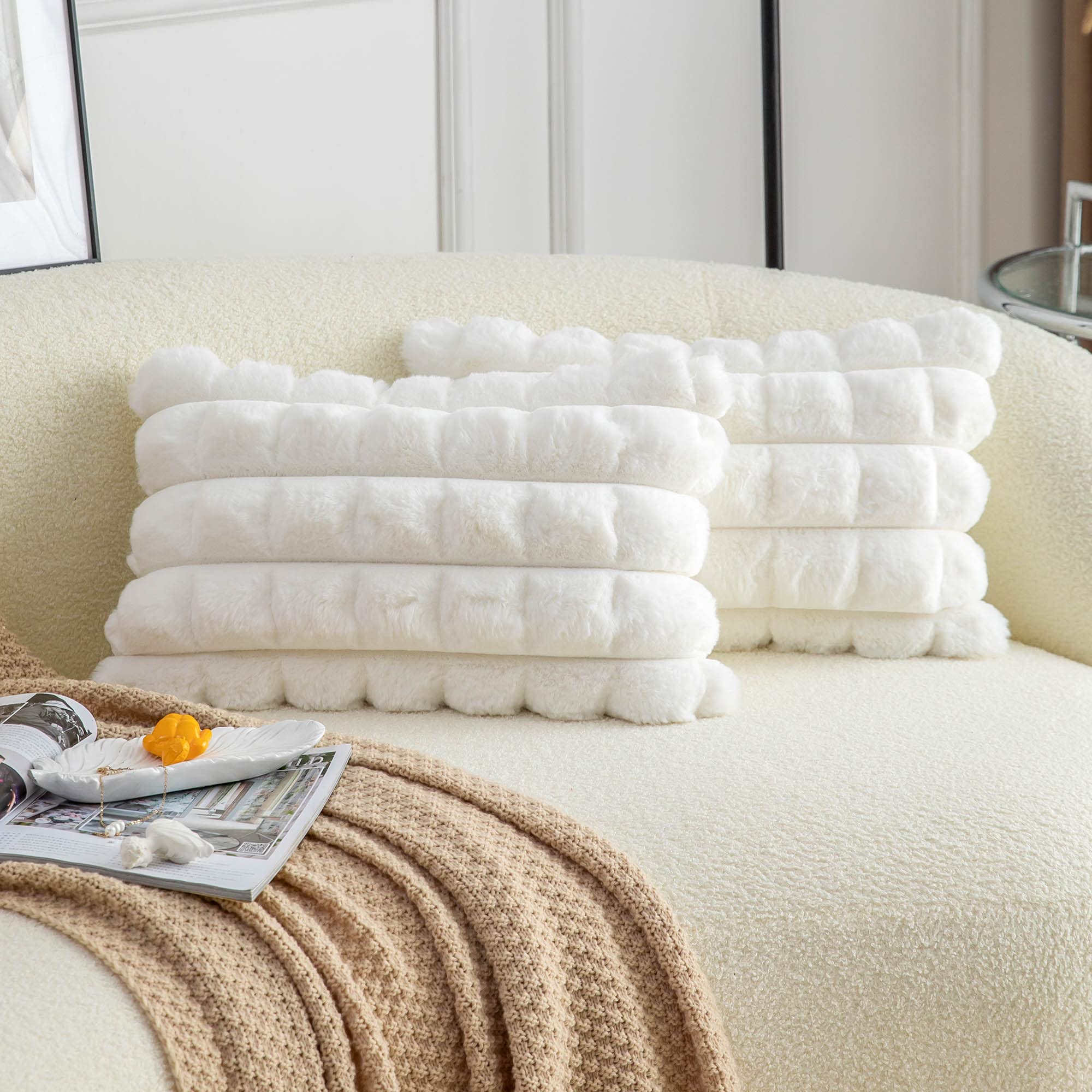 Neelvin Cream White Faux Fur Cozy Soft Plaid Decorative Throw Pillow Covers 12x20 inch Set of 2,Velvet Pillowcase Cushion Case for Sofa Couch