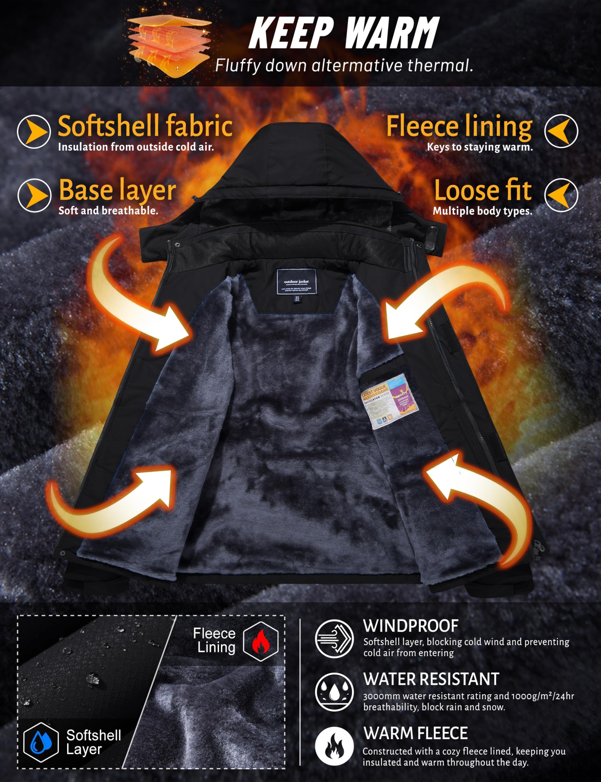 TACVASEN Winterjacke Herren Wasserdicht Warme Skijacke Fleece Gefütterte Softshelljacke Atmungsaktiv mit Abnehmbarer Kapuze