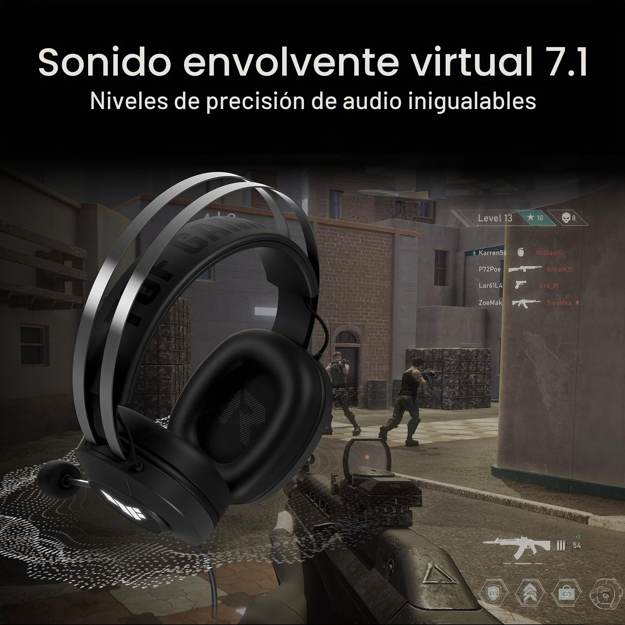 ASUS TUF Gaming H1 Gen II - Auriculares Ligeros de 297g, USB-A con Cable, Controladores de 40 mm, Sonido Envolvente Virtual 7.1, micrófono Team-Speak, Almohadillas duraderas, para PC, PS5 - Negro