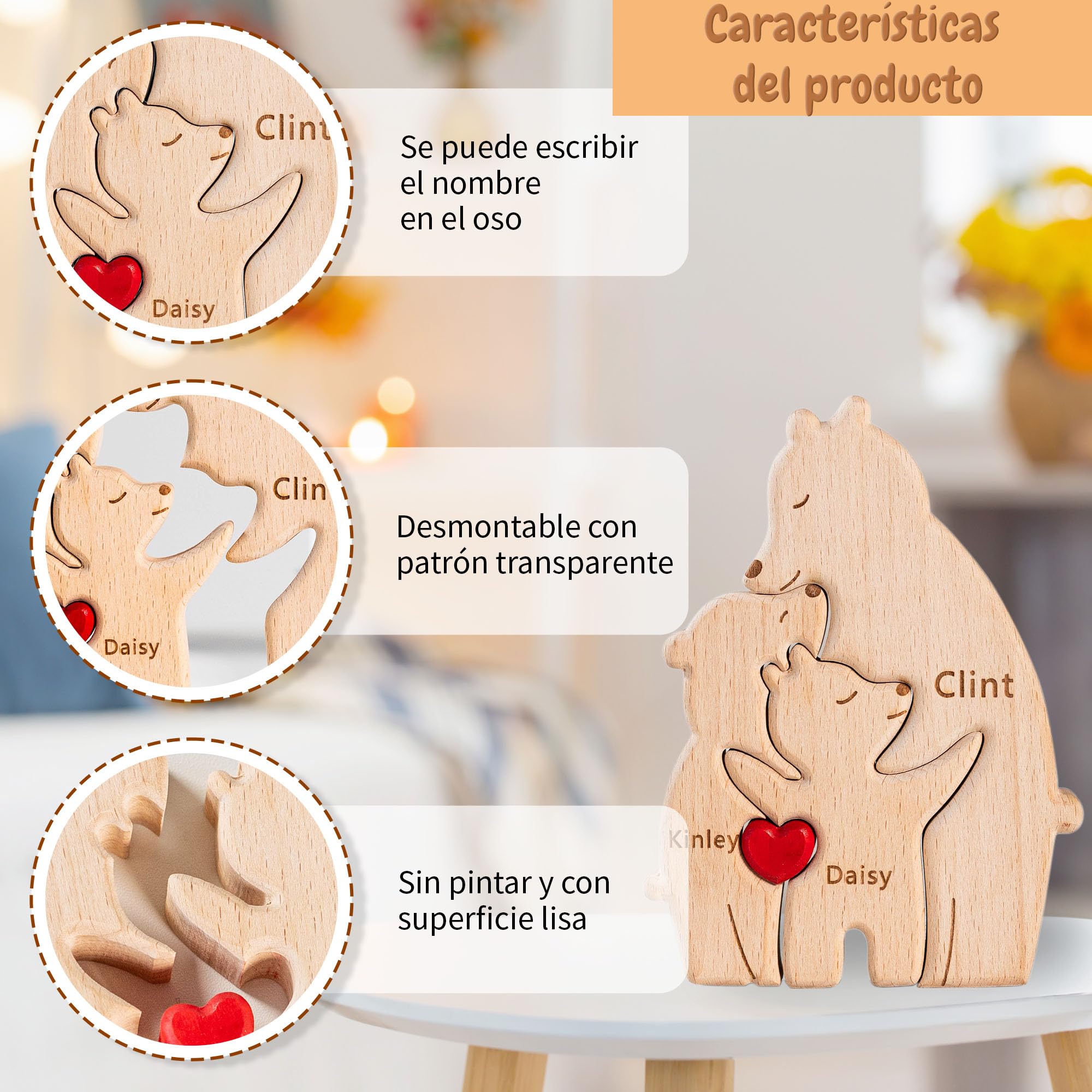 Easycosy Regalo Dia de la Madre, Puzzle Personalizado Familiar de Osos de Madera con 2-7 Nombres, Rompecabezas Personalizados con Familia de Osos, Regalos Decorativos para Mamá, Papá, Navidad — view 2
