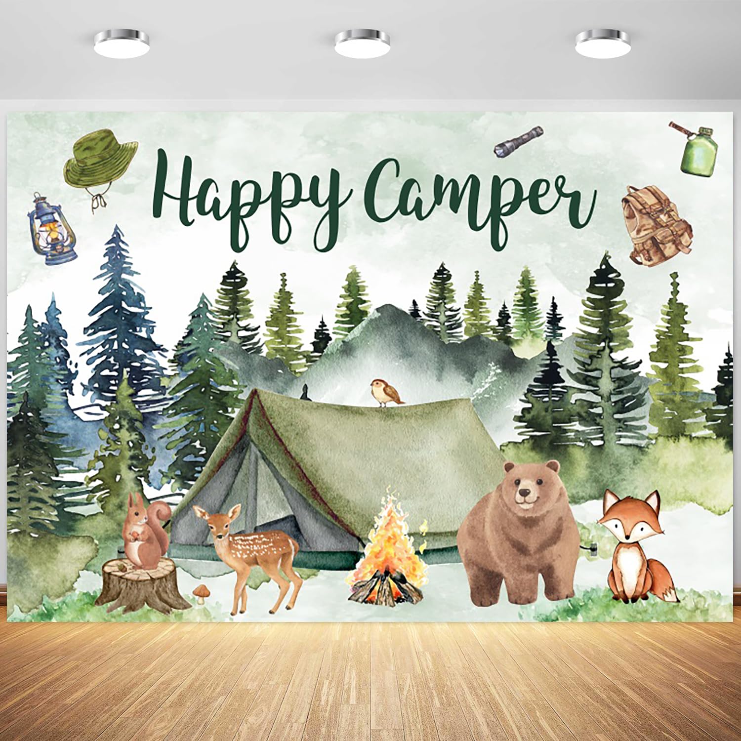 7x5ft Happy Camper Backdrop Forest Adventure Woodland Camping Photography Background for Boys Birthday Party Banner Decorations Supplies Photo Studio