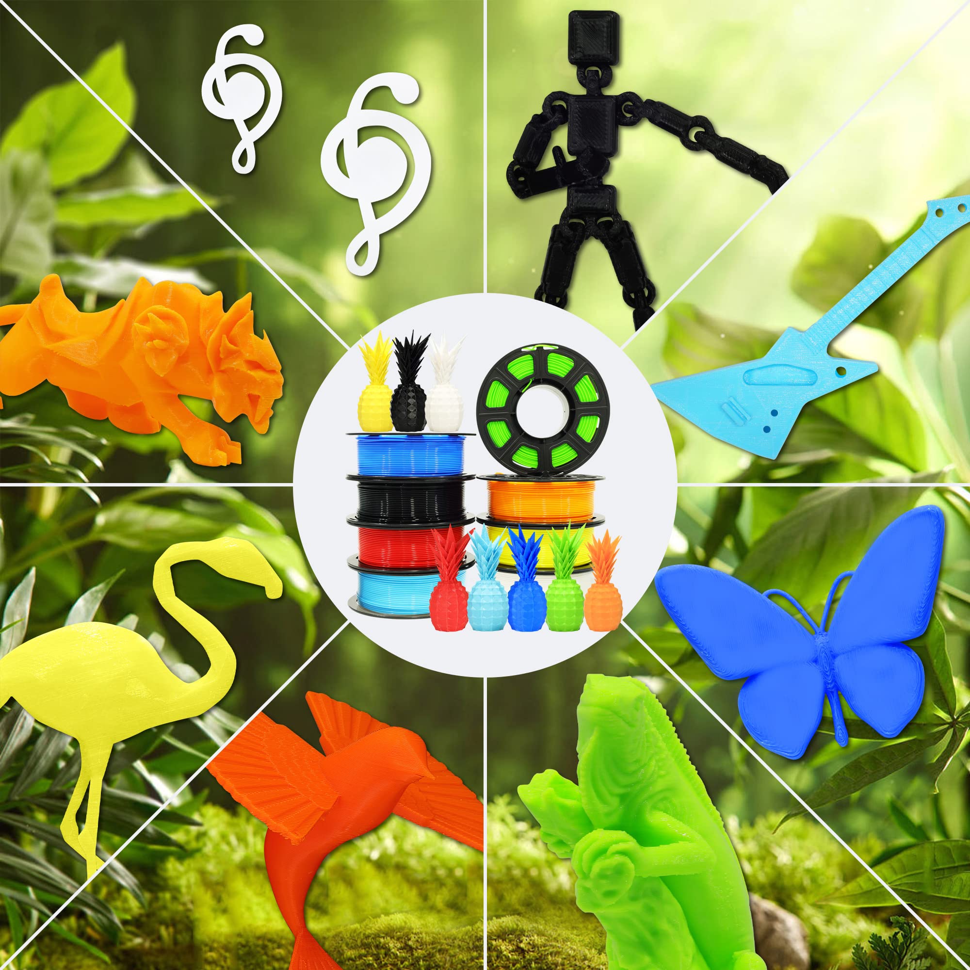 1.75mm 8 Spools Popular Colors 3D Printer PLA Filament Bundle Pack: Black White Red Blue Yellow Orange Limegreen SkyBlue, Each Spool 250g, Widely Compatible, Total 2Kg 3D Printing Filament