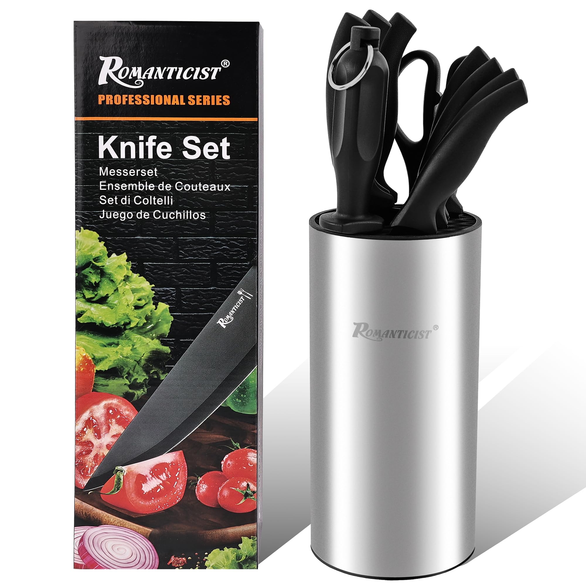 ROMANTICIST Knife Set 10 Pieces Knife Block Set - Stainless Steel Kitchen Knives with Sharpener and Cheese Knife