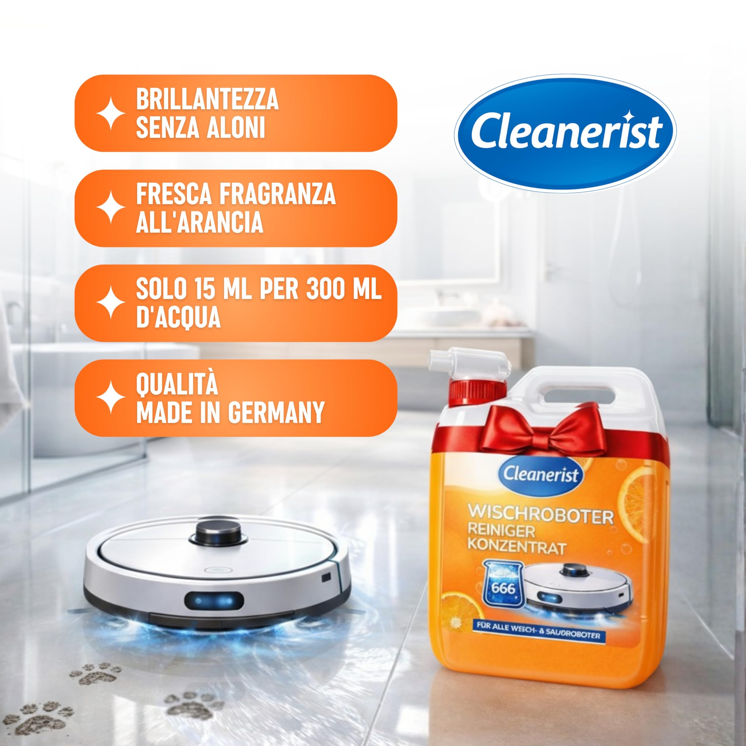 Cleanerist | 10L Detergente Robot Lavapavimenti Arancia (666 dosi) - 15ml su 300ml - Universale per tutti i modelli - Concentrato 1:20 - Senza aloni