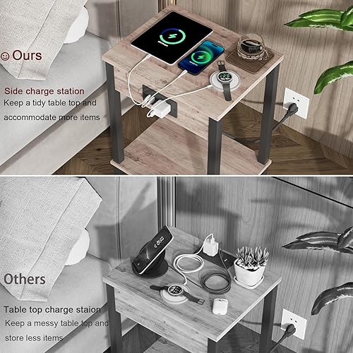 Miniatura 6 de VIMBER Mesa auxiliar con estación de carga, juego de 2 mesas auxiliares con puerto USB y tomas, mesitas de noche con estantes de almacenamiento de 2