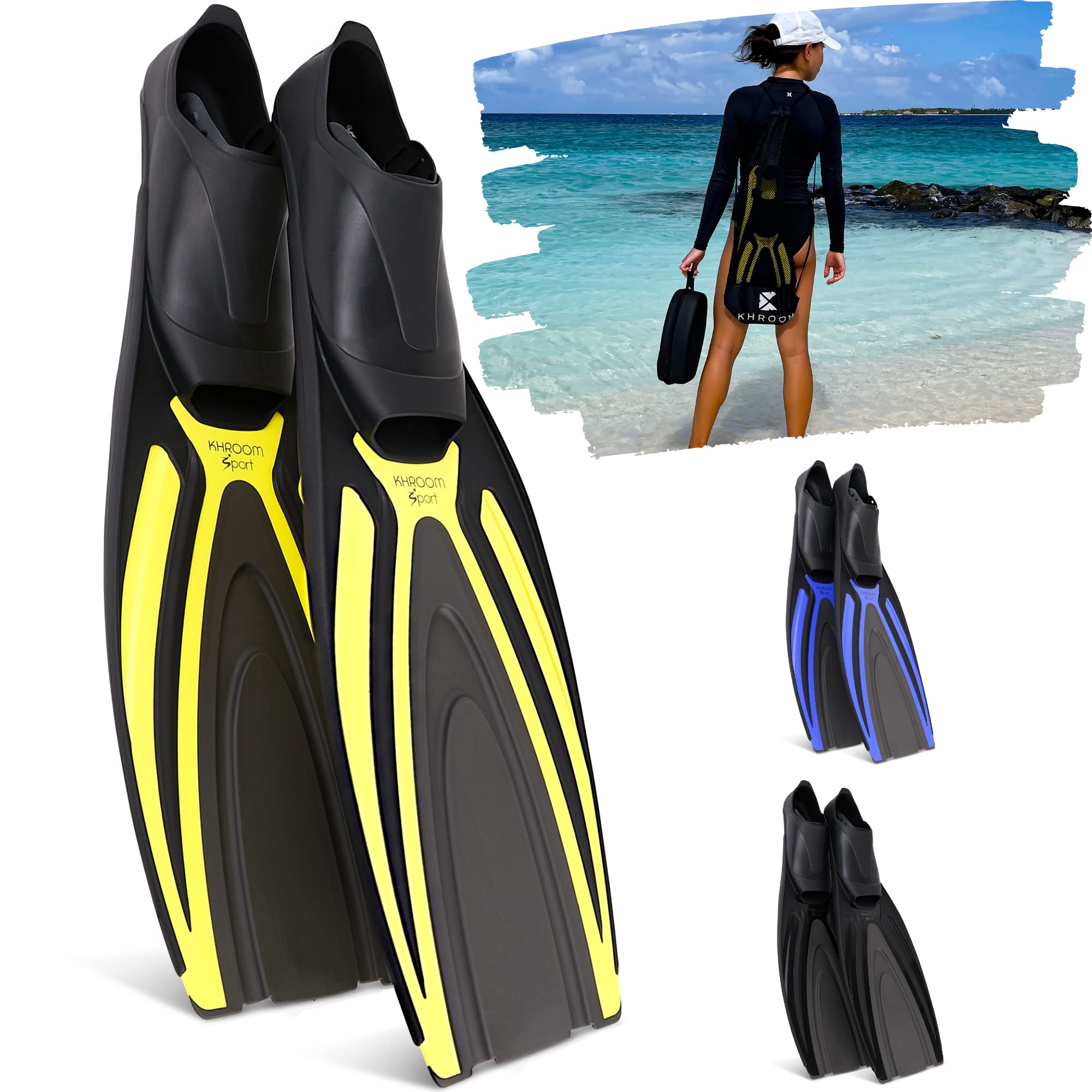 Khroom Schwimmflossen Erwachsene Made in Italy | Lange Tauchflossen für kraftvollen Vortrieb | Schnorchelflossen Damen Herren mit geschlossener Fußtasche & Netzbeutel | Made in Italy | Lange Flossen für Training & Apnoe | Geschlossene Fußmuschel | Grip-So