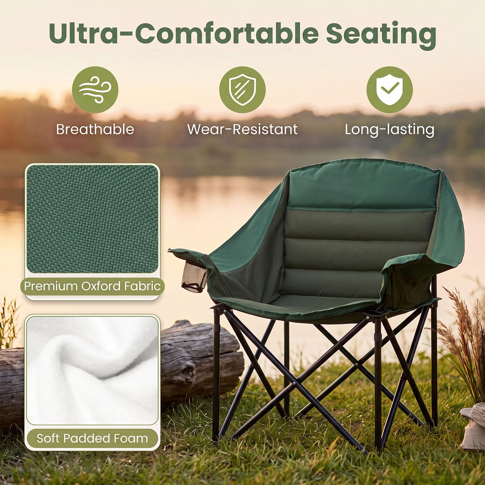 GOPLUS Chaise de Camping Pliante, pour Plage/Pêche/Randonnée | Fauteuil de Peche Surdimensionné Portable avec Porte-Gobelets, Poche en Maille et Sac de Transport pour Pêche Jardin Plage