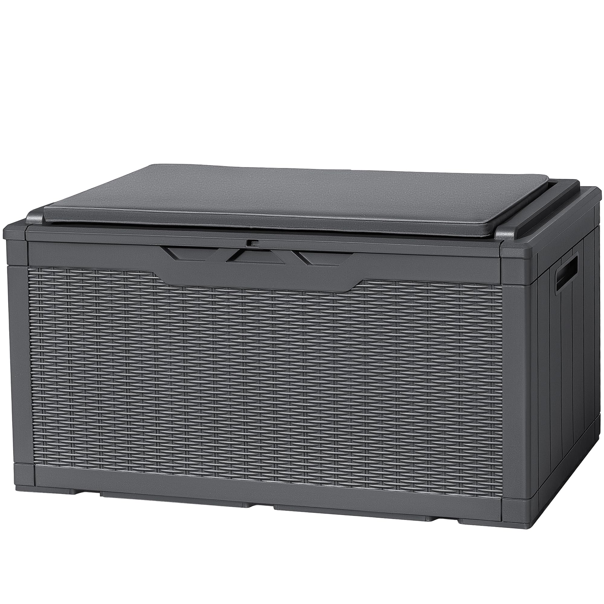FlamakerDeck Box with Cushion 100 Gallon Waterproof Resin Storage Box with Air Rod Indoor Outdoor Lockable Storage Bench for Patio Furniture, Tools, Pool Accessories (Gray)