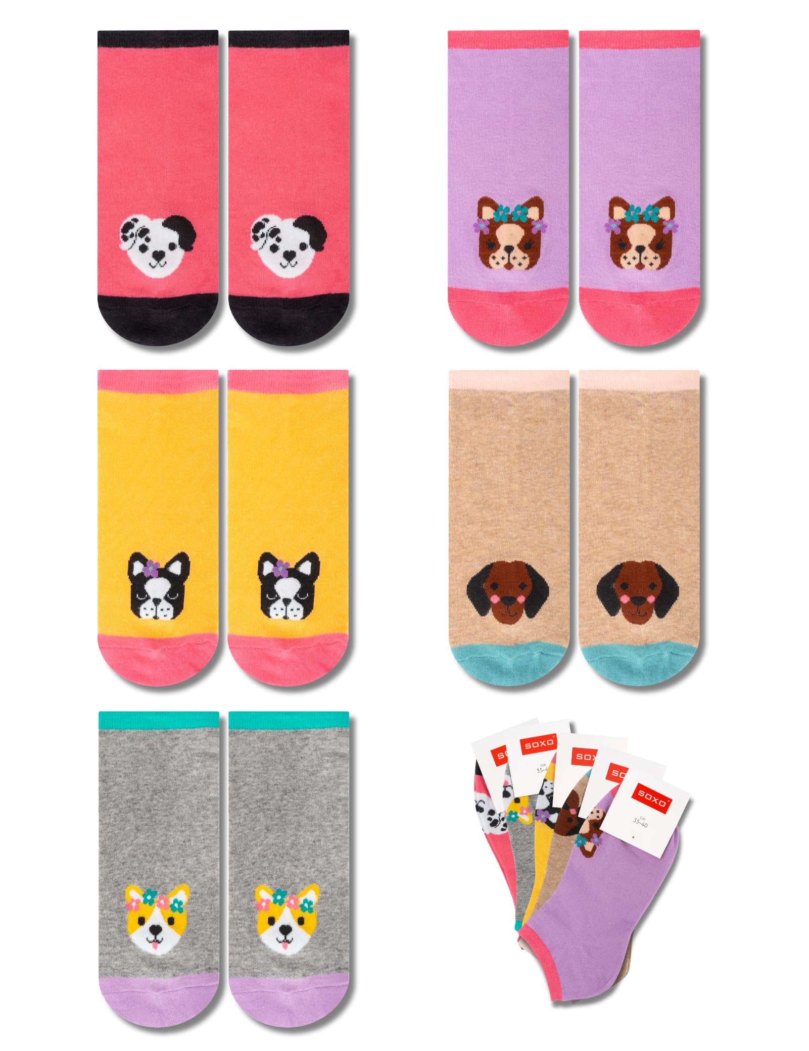 Soxo Women's Dogs Ankle Socks Trainer Socks Cotton Funny Gift Fun Multipack Cosy 2.5-6.5 5 Pairs