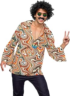 5 Pcs Men Hippie 70s Costume Retro Disco Outfit Floral Shirt With Wig Be...
