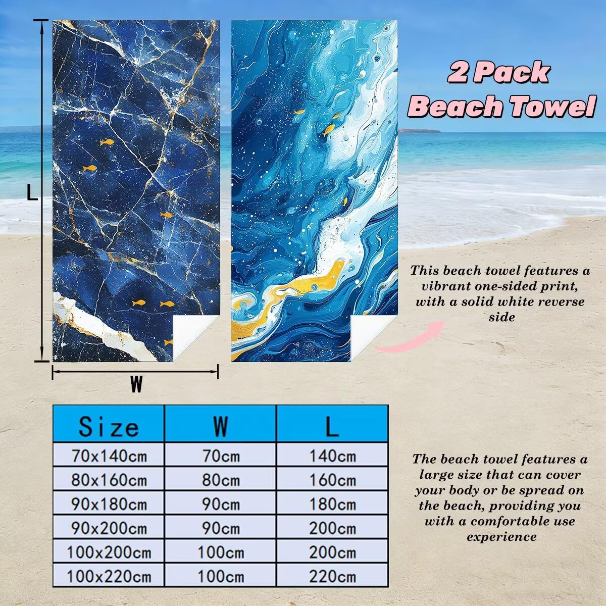 Ręcznik plażowy z mikrofibry, zestaw 2 dużych ręczników kąpielowych 100x200 cm, szybkoschnący, marmurowy ręcznik kąpielowy, ręczniki plażowe, sportowe ręczniki z mikrofibry do podróży -3912