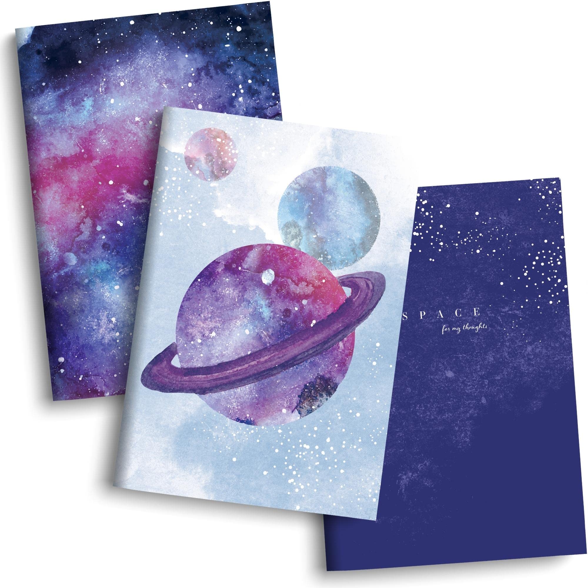 Saturnery Journal Notebook Set of 3 - Pretty Notebooks, Small A5 Size Recycled Paper, 1 x Lined Note book, 1 x Dotted, 1 x Blank, Soft Cover for Work or Travel, 8.2" x 5.8", 60pg each (Cosmic) - Cosmic