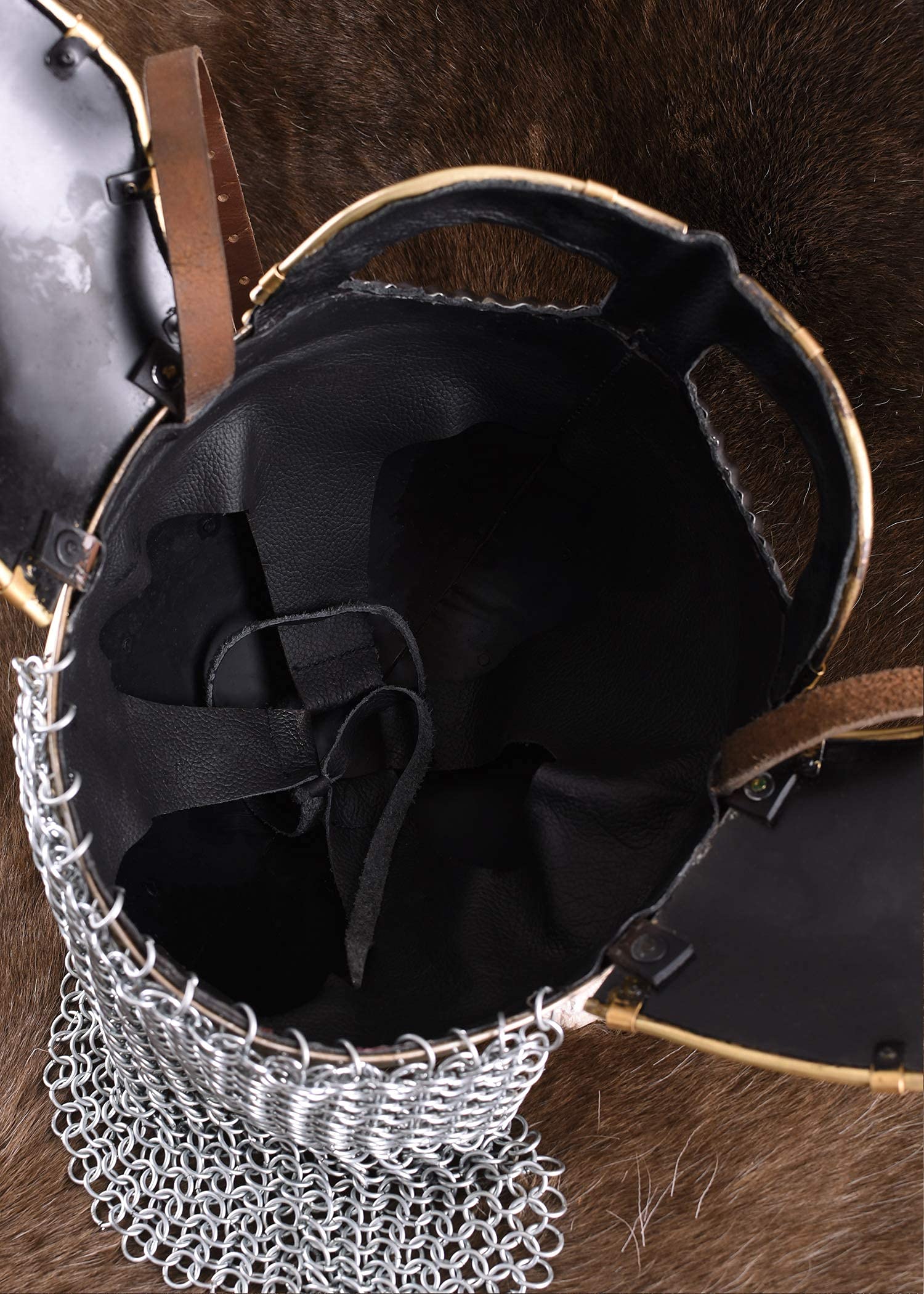 Battle-Merchant Brillenhelm Beowulf mit Wangenklappen und Kettenbrünne mit verstellbarem Lederinlay - Wikingerhelm aus Stahl für Erwachsene