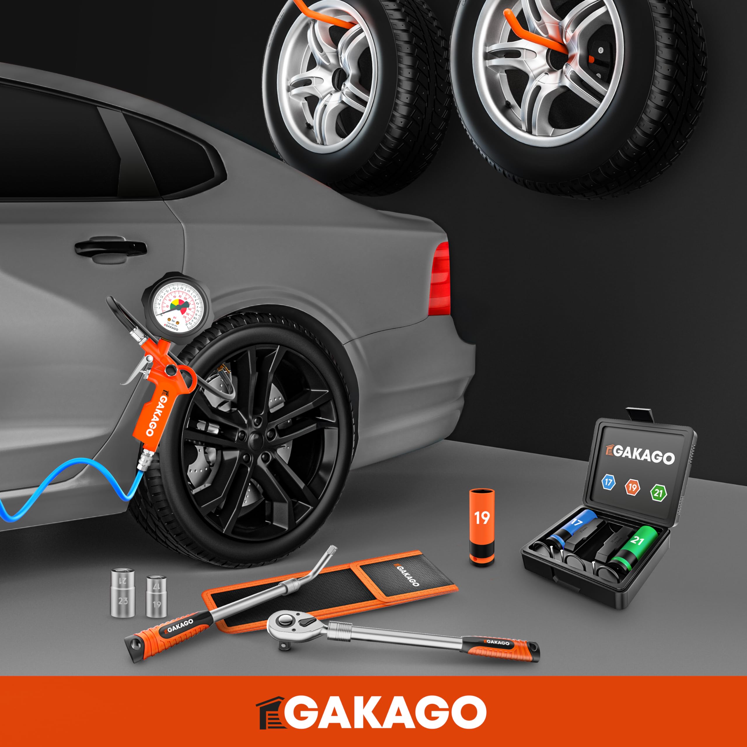 Gakago Gonfleur de pneus - Gonfleur de pneus précis avec manomètre à air comprimé de haute qualité 0-12 bar - Tuyau de gonflage extra long de 45 cm - Testeur de pression de pneus polyvalent