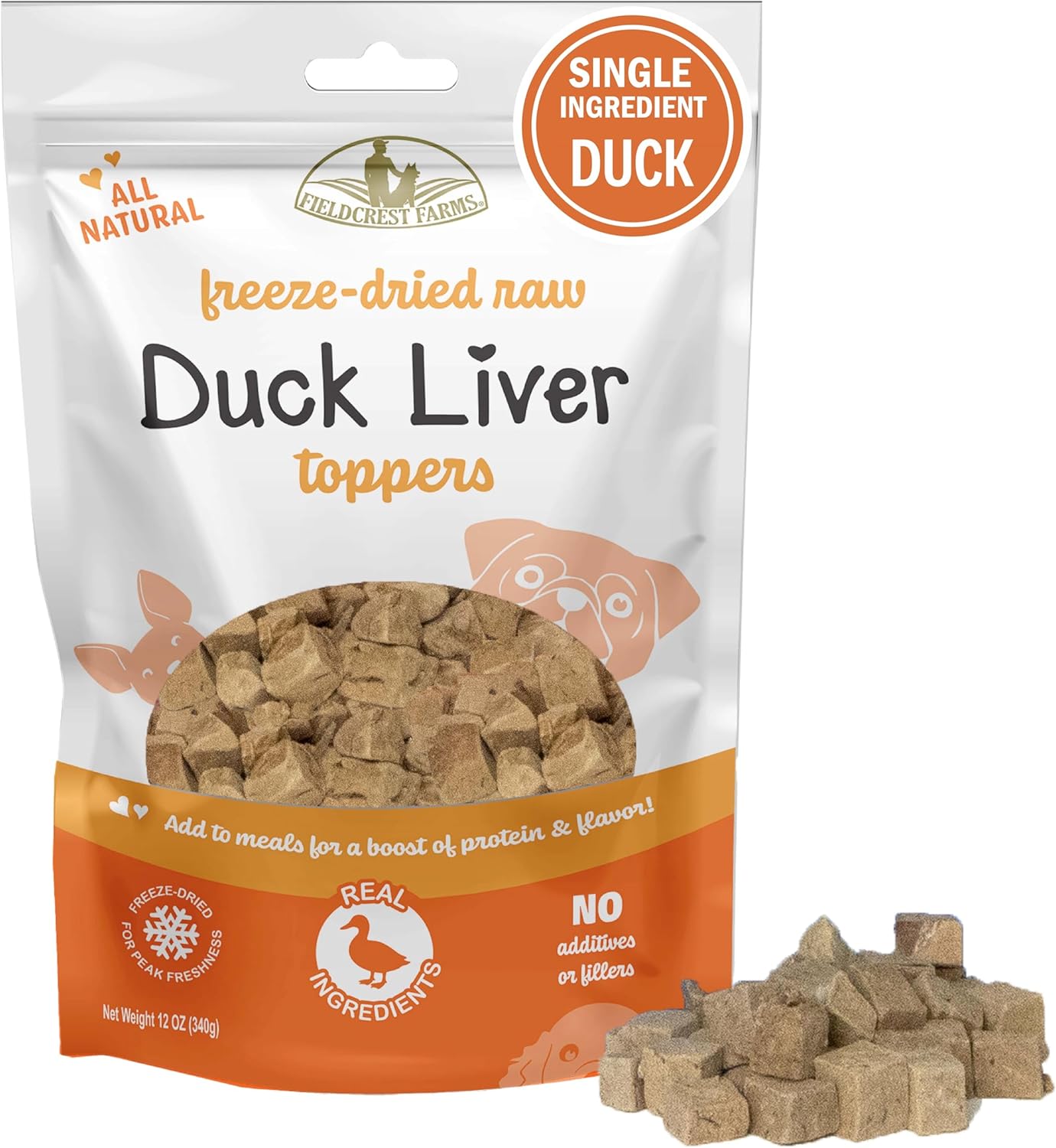 Fieldcrest Farms Freeze-Dried Duck Liver Dog Food Topper or Treat, 100% Single Ingredient Duck Liver, High-Protein, Raw & Grain-Free, 12 oz