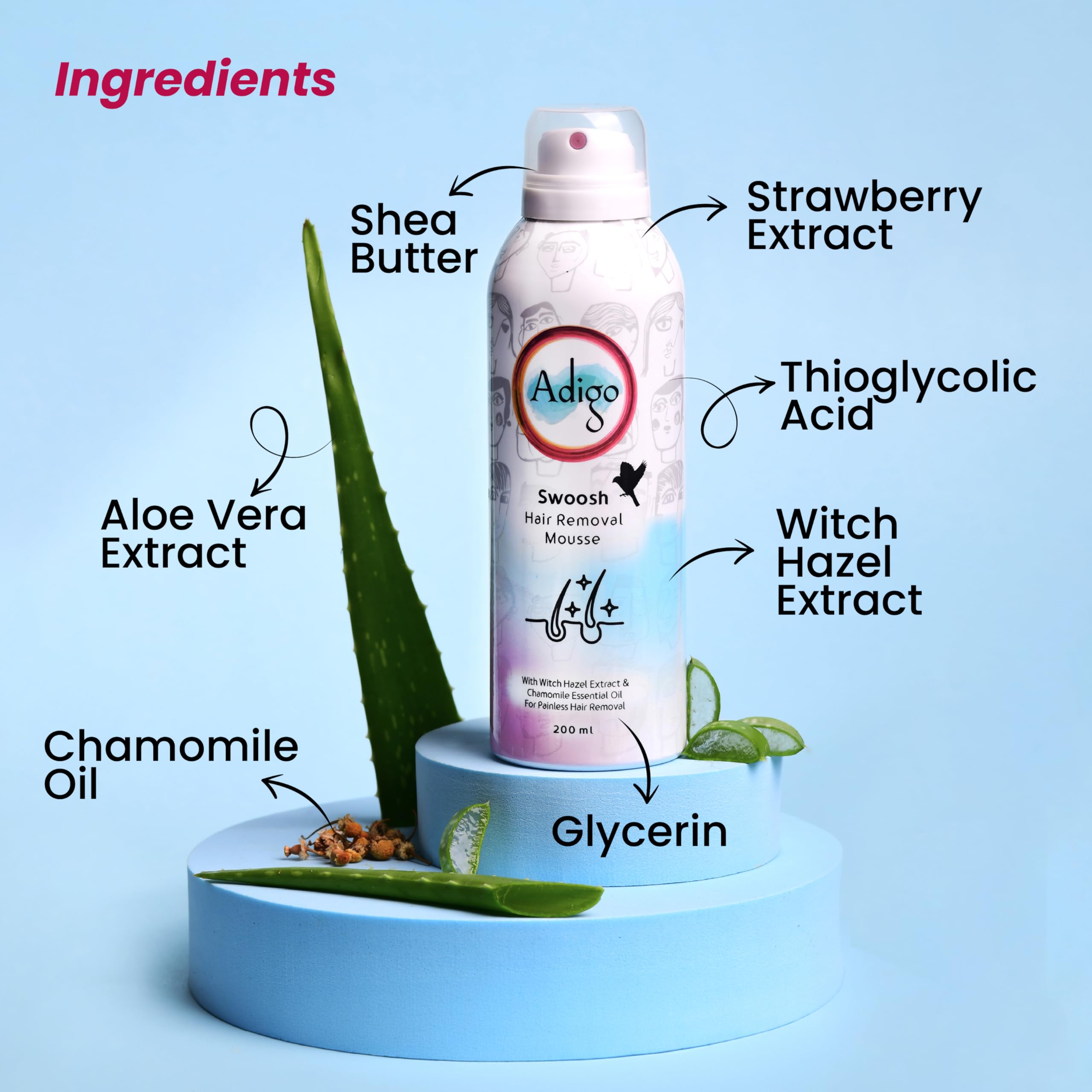 Adigo Swoosh Hair Removal Mousse | Witch Hazel Extract & Chamomile Essential Oil | Dermatologically Tested | Painless Hair Removal | 200ml 2