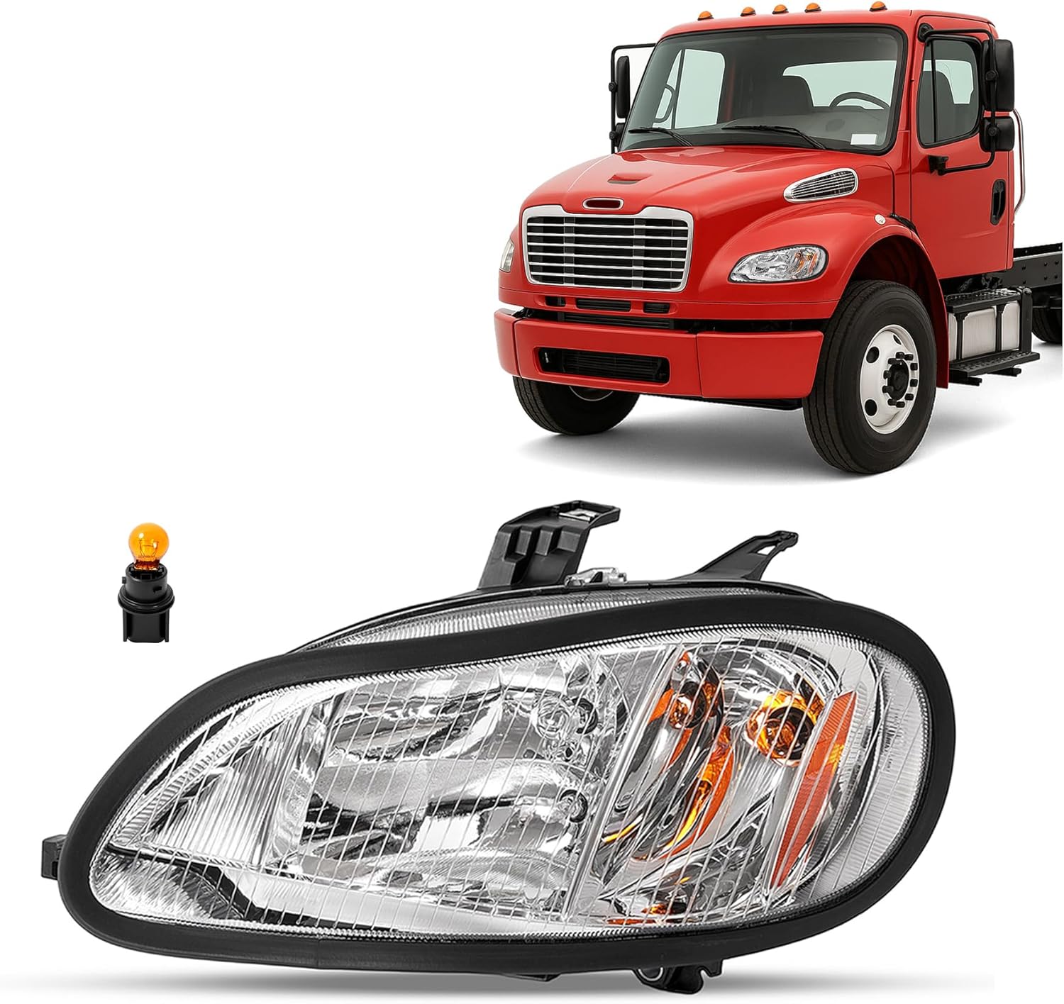 HECASA Left Headlight w/Bulbs Compatible with 2003-2018 Freightliner M2/M2 Business Class 2002&2019-2021 Freightliner 100 106 112 Replacement for FL2502105 Clear Lens Chrome Housing Driver Side Clear Lens+Chrome Housing Left