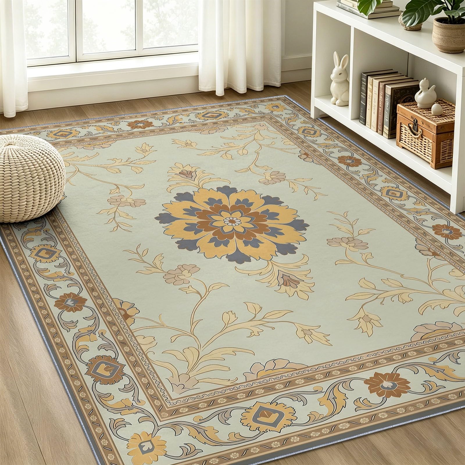 Piante E Fiori Arte Tappeto Soggiorno 140 x 200 cm Camera Da Letto Lavabile in Lavatrice Antiscivolo Grandi Fiori & Motivo Simmetrico Tradizionale Carpet Ufficio Sala da Pranzo Morbido Pelo Ras Rug