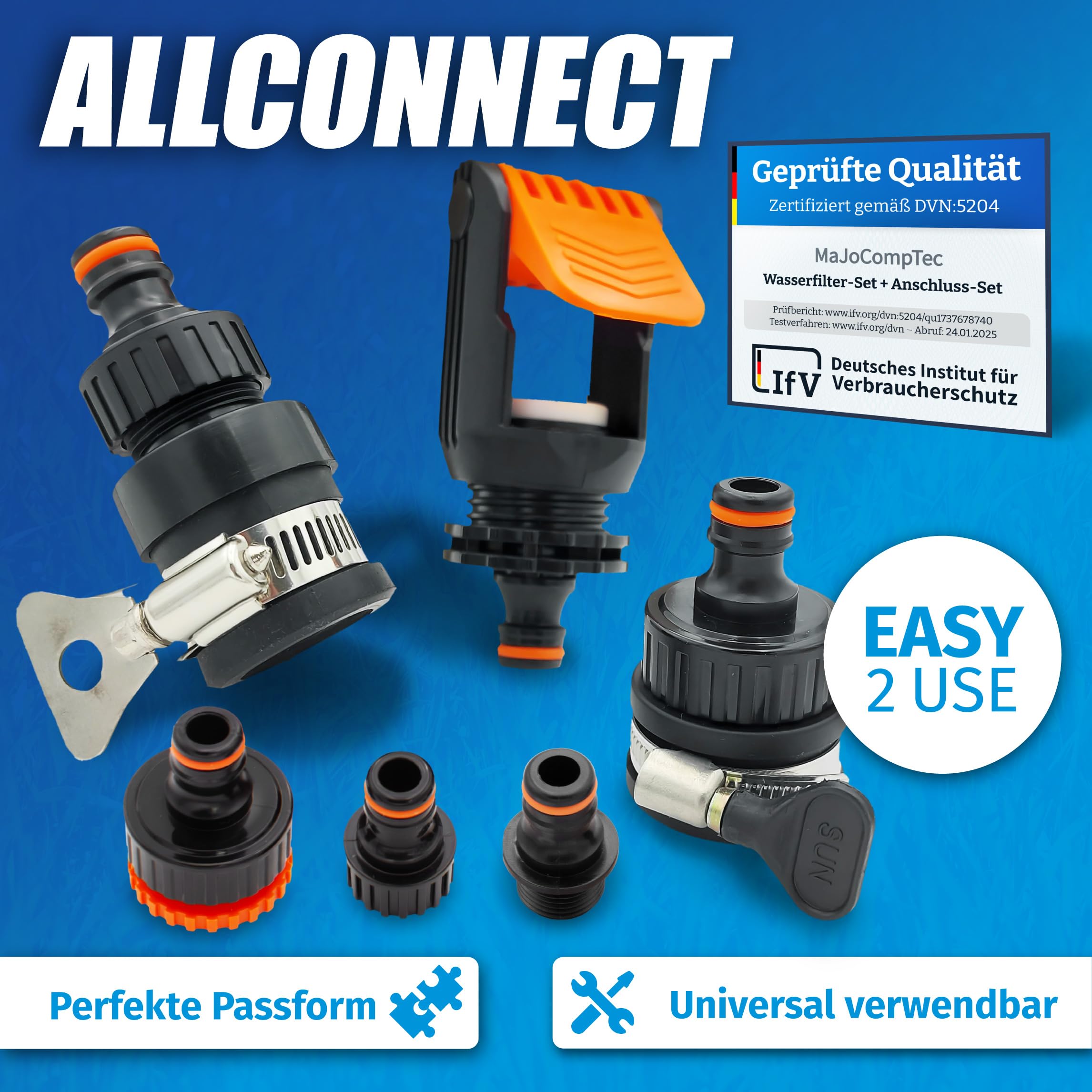 MaJoCompTec® ALLCONNECT set universale di collegamento per rubinetto | collegamento regolabile per rubinetto esterno senza filettatura | set di adattatori per camper, caravan e barca (set di