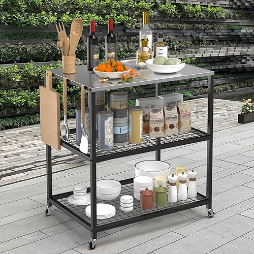Miniatura 2 de Homezelle Carrito de parrilla al aire libre, mesa de parrilla de tres estantes con ruedas, acero inoxidable, soporte para horno de pizza, carrito de