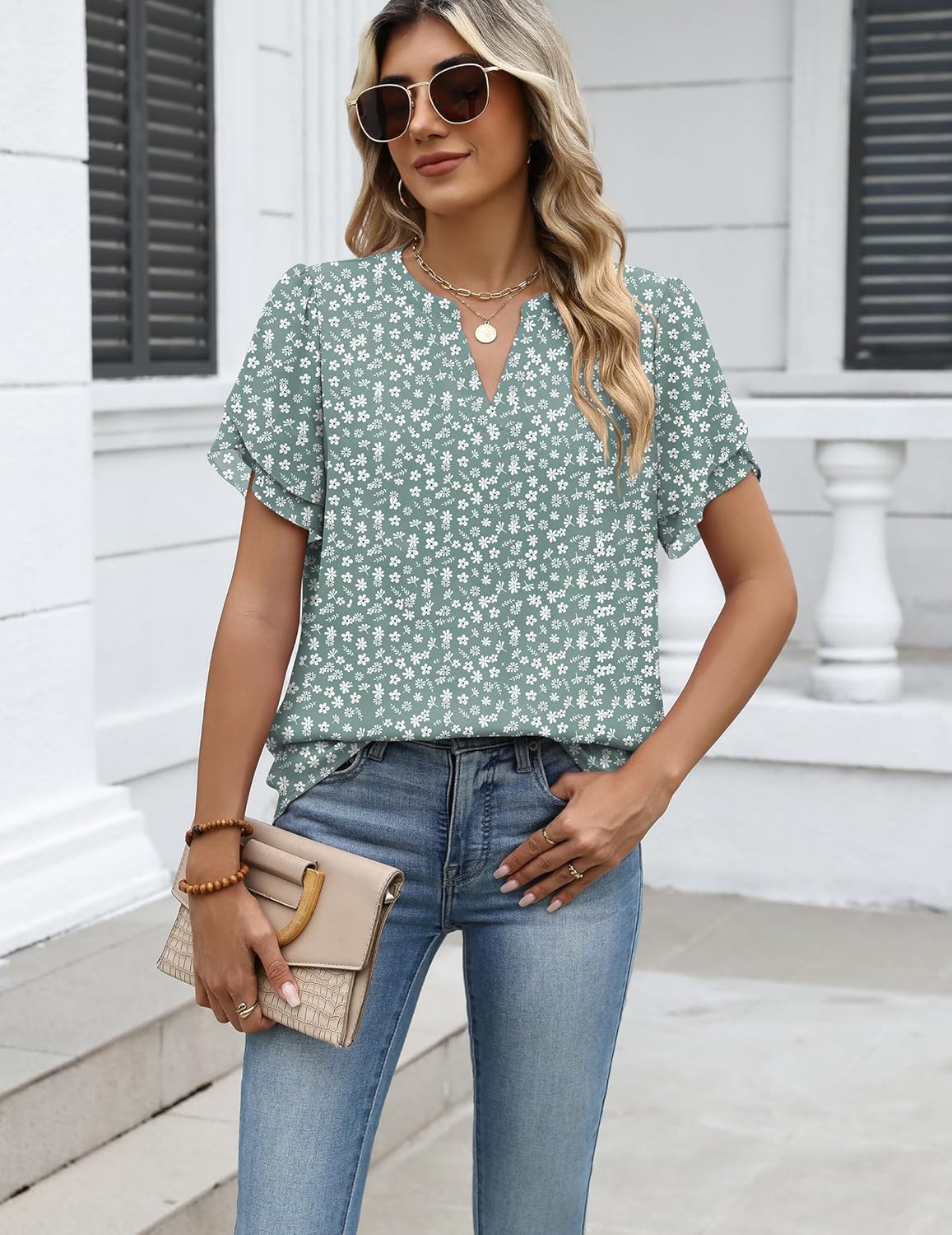 Zeagoo Womens Dressy Casual Shirts Short Sleeve V Neck Work Blouse Business Casual Summer Chiffon Tops - Image 4