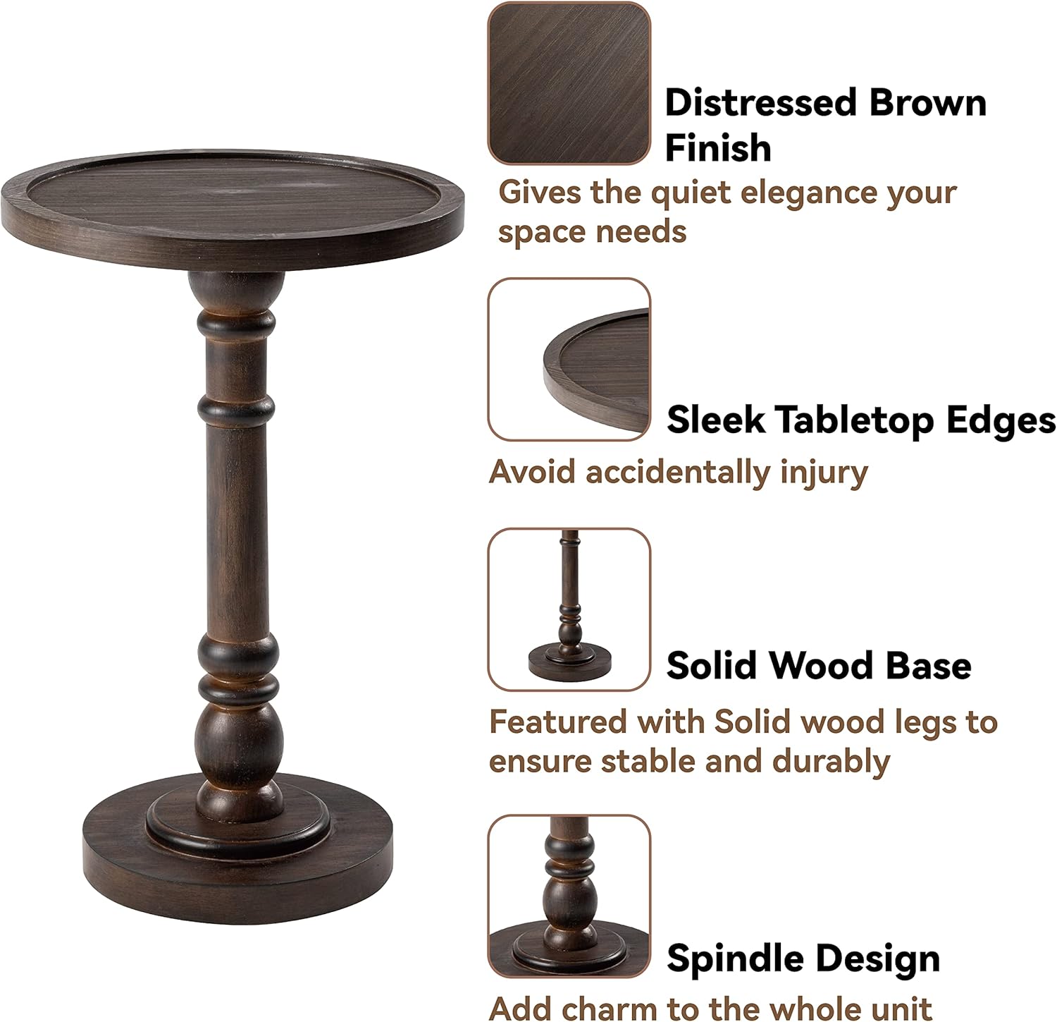 LONYKE Pedestal Small End Table, Wooden Side Table with Traditional Tray Top for Drinking, Farmhouse Round Bedside Tables for Living Room, Espresso