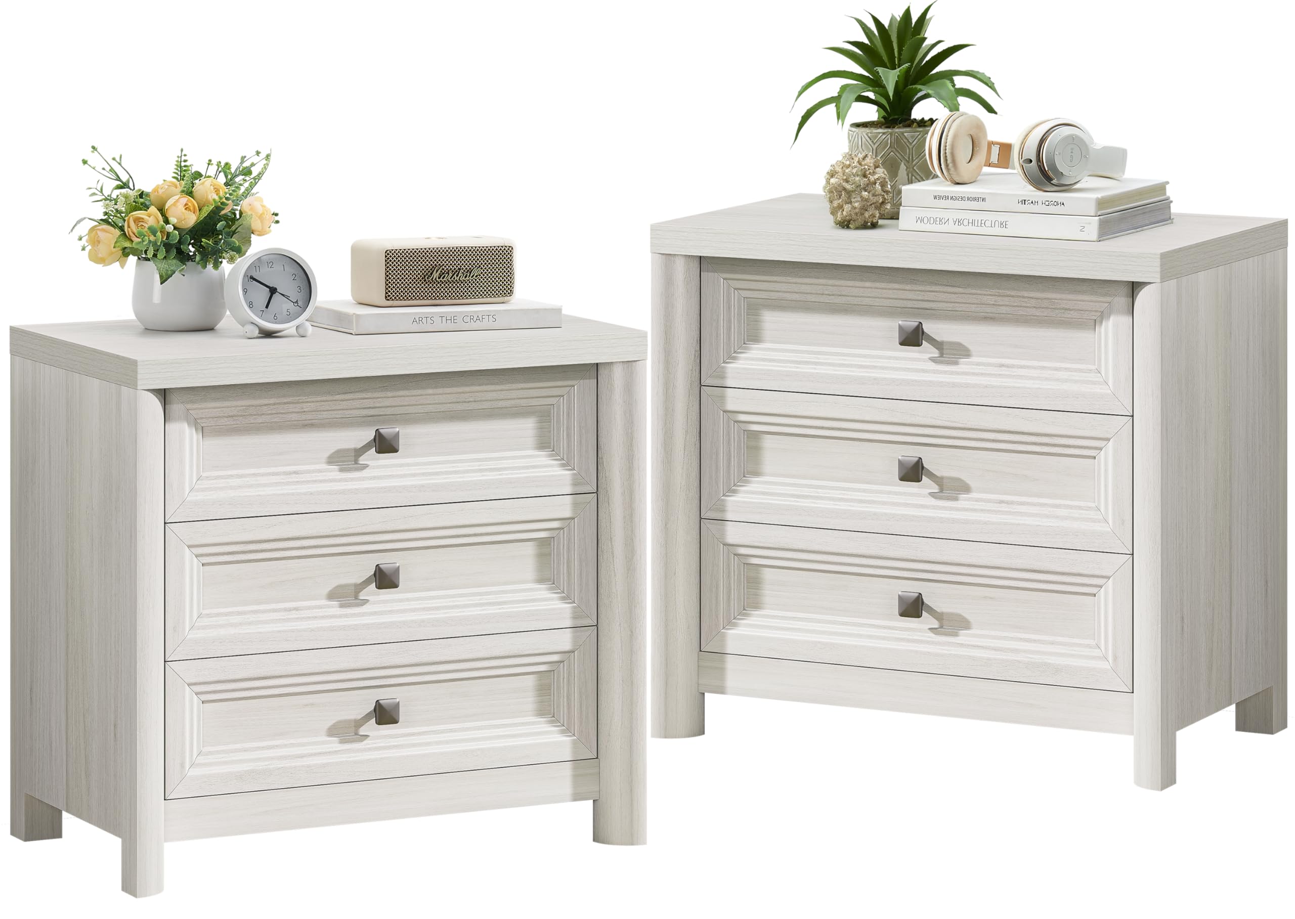 White Nightstand Set of 2, Farmhouse Night Stand with 3 Drawers, Modern Bedside Table with Metal Knobs, Large End Table for Living Room Bedroom Home