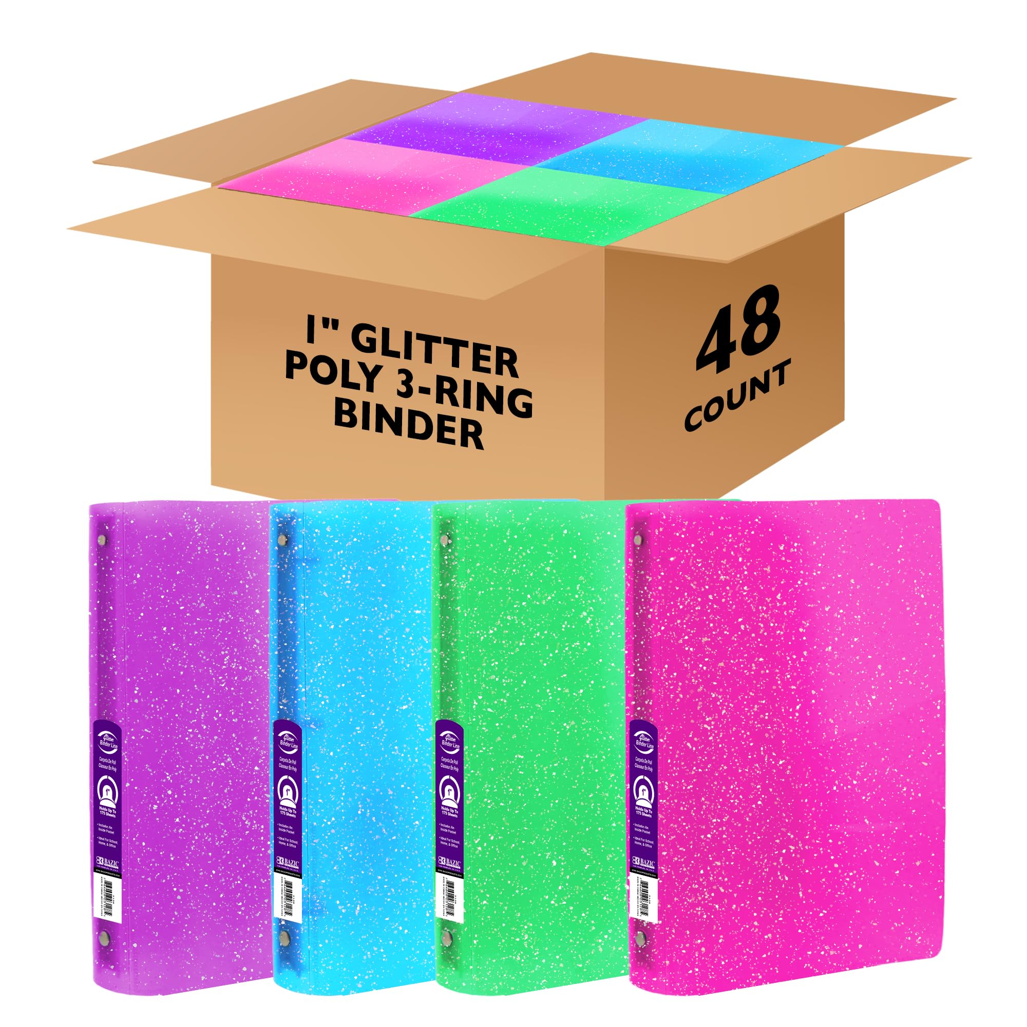 BAZIC 3 Ring Binder 1" Poly Binders Organizer - Glitter Color Soft Cover, Round Ring, Hold 175 Sheets Paper, for School Office Home, 48-Count
