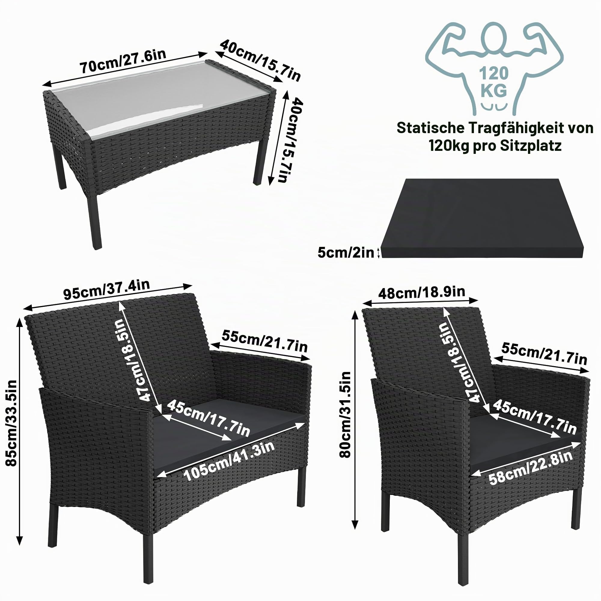 4-teilig Gartenmöbel Set, PE-Polyrattan Lounge Möbel mit 2-Sitzer Sofa, 2 Sesseln & Glastisch, Wetterfest & Pflegeleicht, Sitzgruppe für Balkon, Terrasse, Poolbereich, Anthrazit