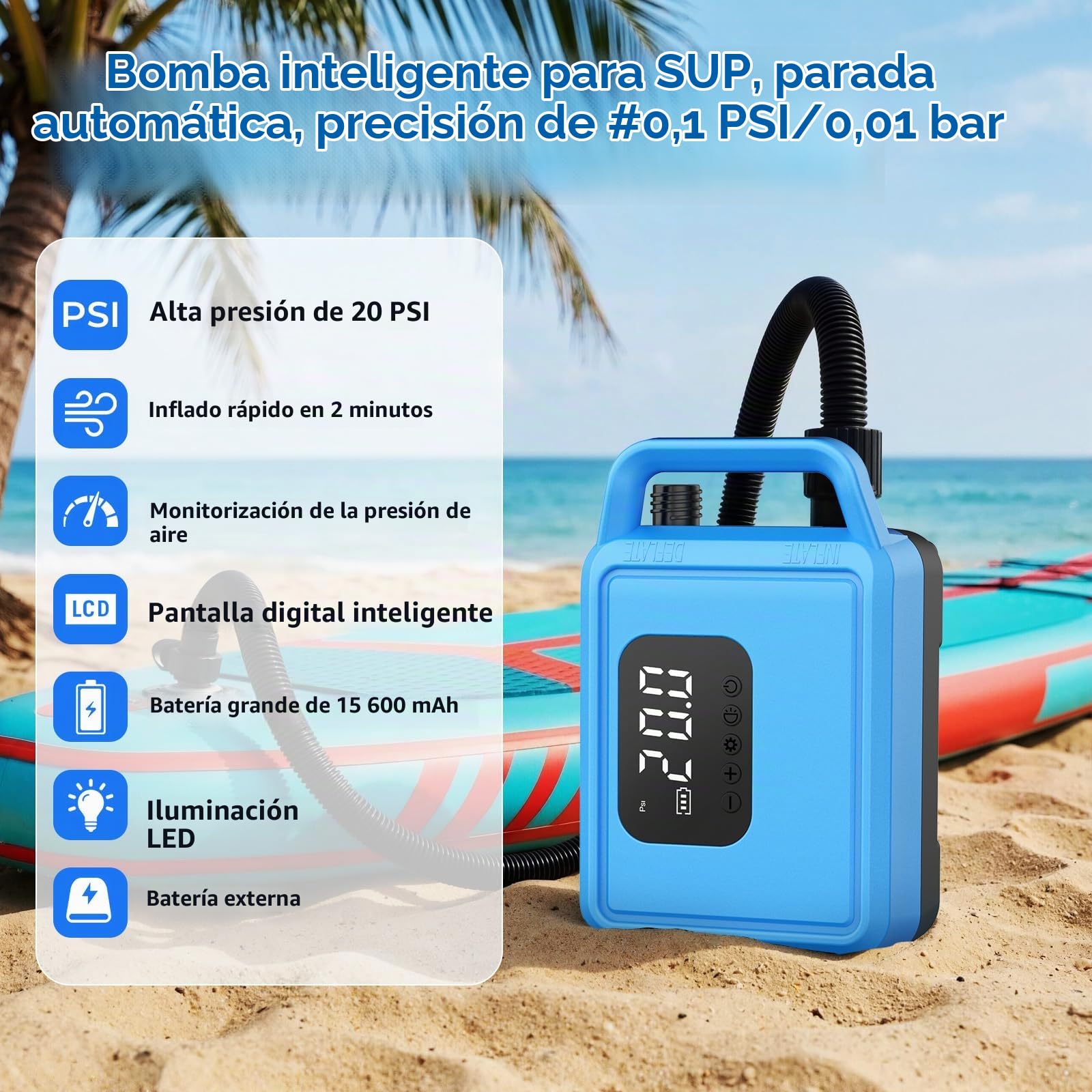 Bomba SUP eléctrica, 20 psi, bombas de aire con batería recargable de 15600 mAh, precisión inteligente de inflación/descarga de hasta 0,01 bar, apagado automático para tablas SUP, kayak