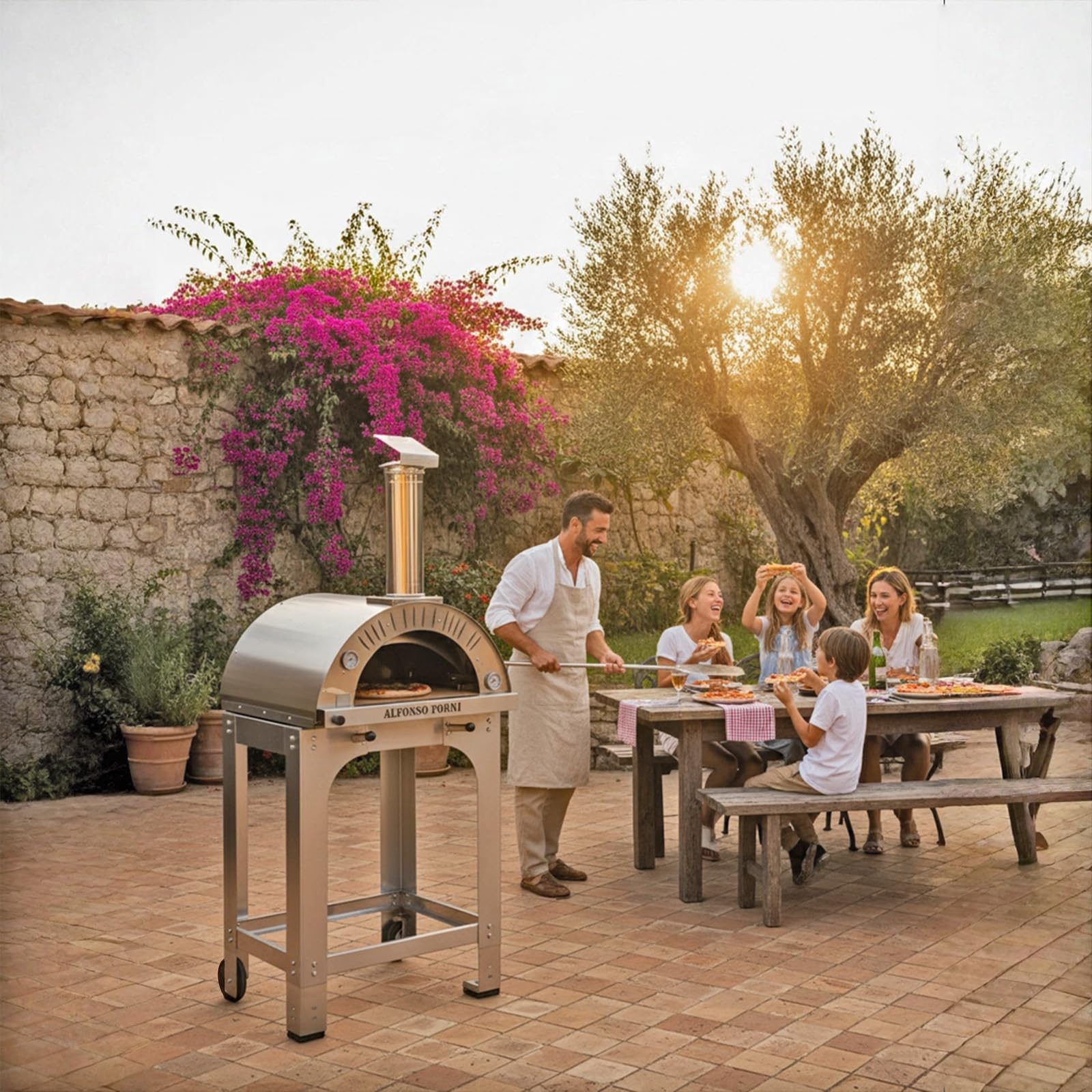 Forno pizza ibrido a gas e legna 2 pizze con tetto e carrello in acciaio inox, uso a legna o con bruciatore a gas, pietra refrattaria 3cm, 500 gradi, Made in Italy (Solo forno senza bruciatore)