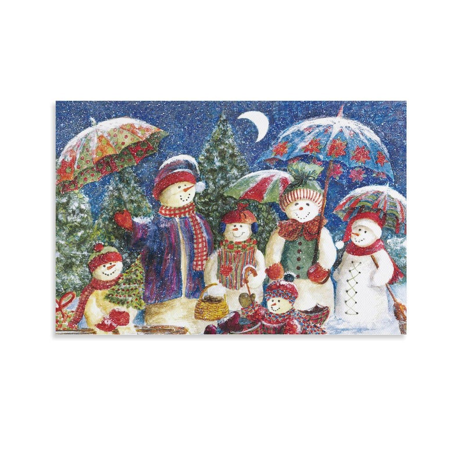 CPLVKWRQJ Snowman Family Under Umbrellas Single Piece Group Snowmen Umbrellas Snowy Moon Scene Canvas Wall Decor - Office Canvas Print Fade Resistant Wall Focal Art Decor 12x18inch(30x45cm)