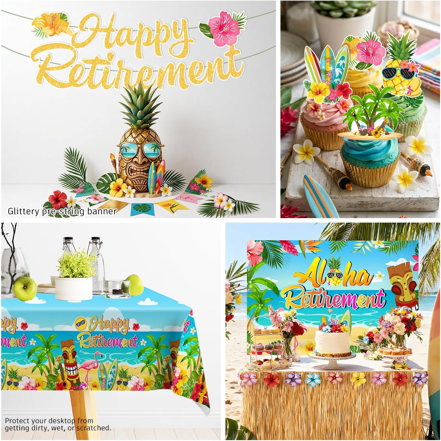 Tropical Retirement Party Decorations, Luau Aloha Hawaiian Beach Themed Retirement Party Supplies Including Banner Paper Plates and Napkins Sets Cake Toppers and 2 Pcs Tablecloth