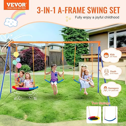 Miniatura 2 de VEVOR Juegos de columpios para patio trasero, con 1 asiento de columpio de platillo, 2 asientos de columpio de cinturón, juego de columpio de