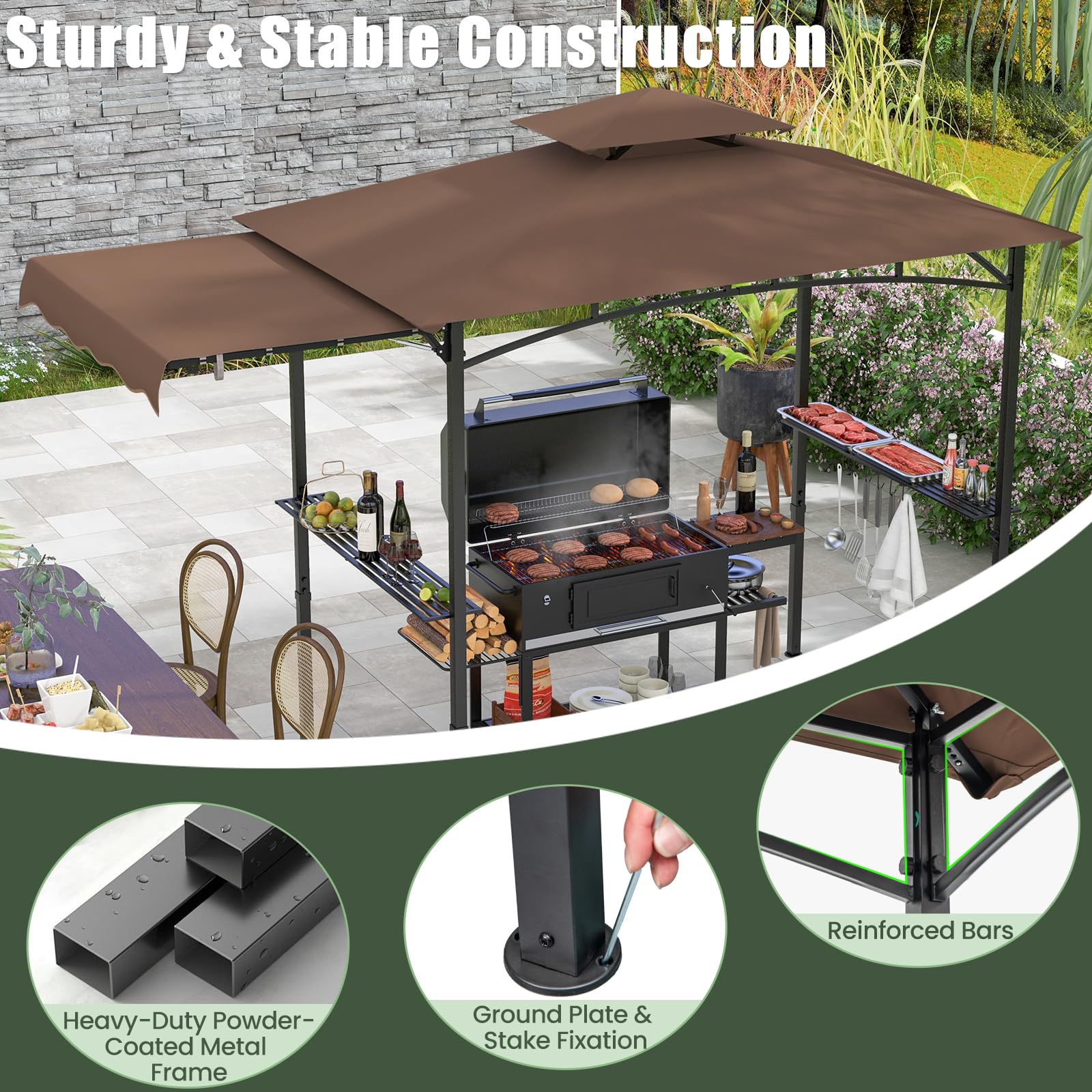 HOMASIS 3 m Tonnelle de Jardin Pliante Extérieur avec Auvent Latéral, Gazebo Barbecue avec Double Toit, 2 Tables, Crochets et Ouvre-Bouteilles, Pergola de Réception Résistant aux Intempéries (Brun)