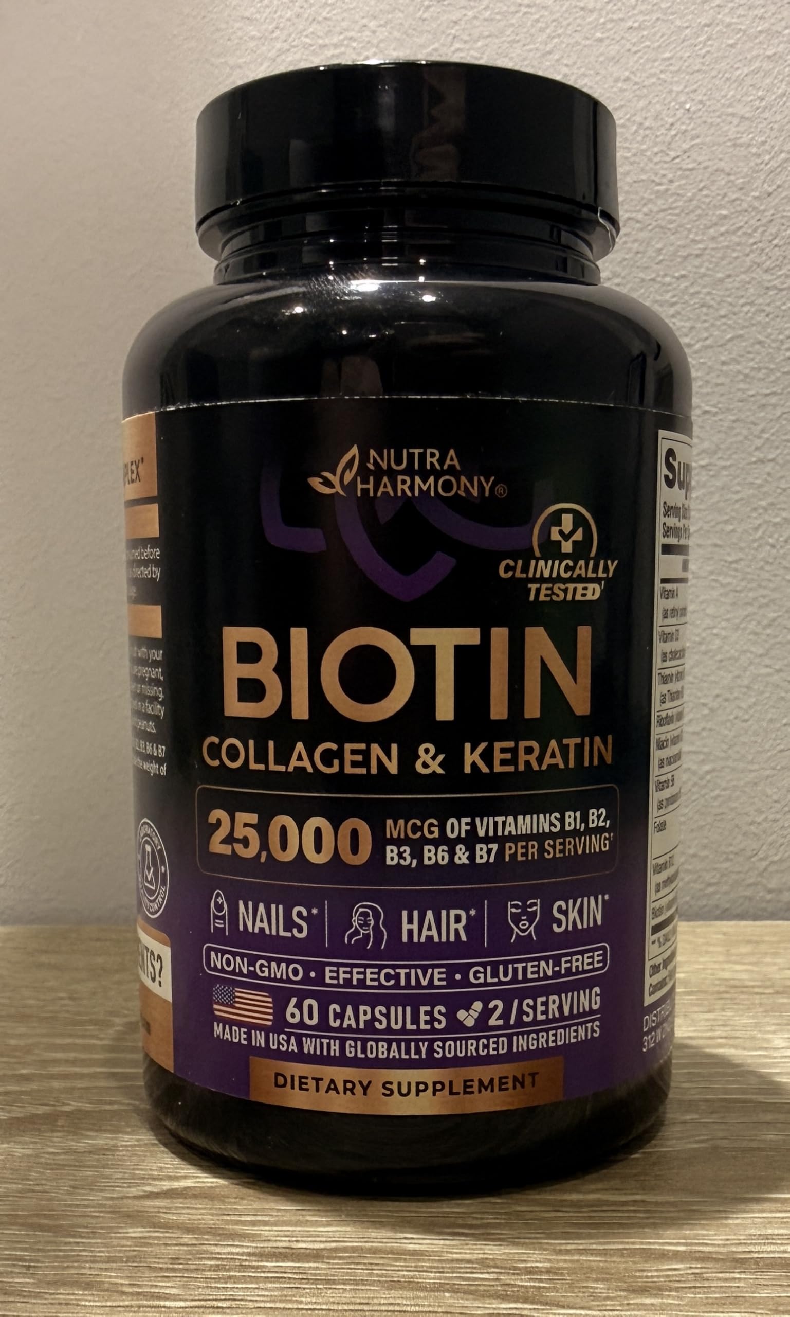 NUTRAHARMONY Biotin | Collagen | Hyaluronic Acid | Keratin - Support Normal Hair Growth Cycle - Skin & Nails - 25000mcg Vitamins B1, B2, B3, B6 & B7 - for Women & Men - Made in USA | 60 Capsules