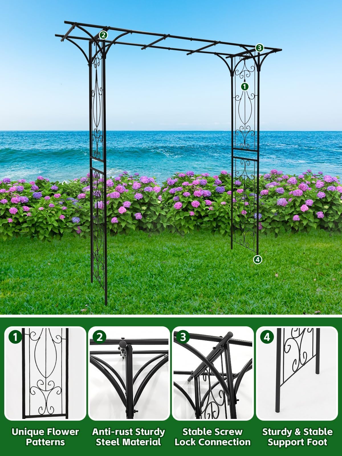 2M Arco da Giardino Sommità Piatta per Piante Rampicanti, Kalolary Arco Giardino Metallo Resistente Pergolato Traliccio Matrimoni Tunnel Giardino Tralicci Fiore Viti Supporto Cortile Patio all'aperto