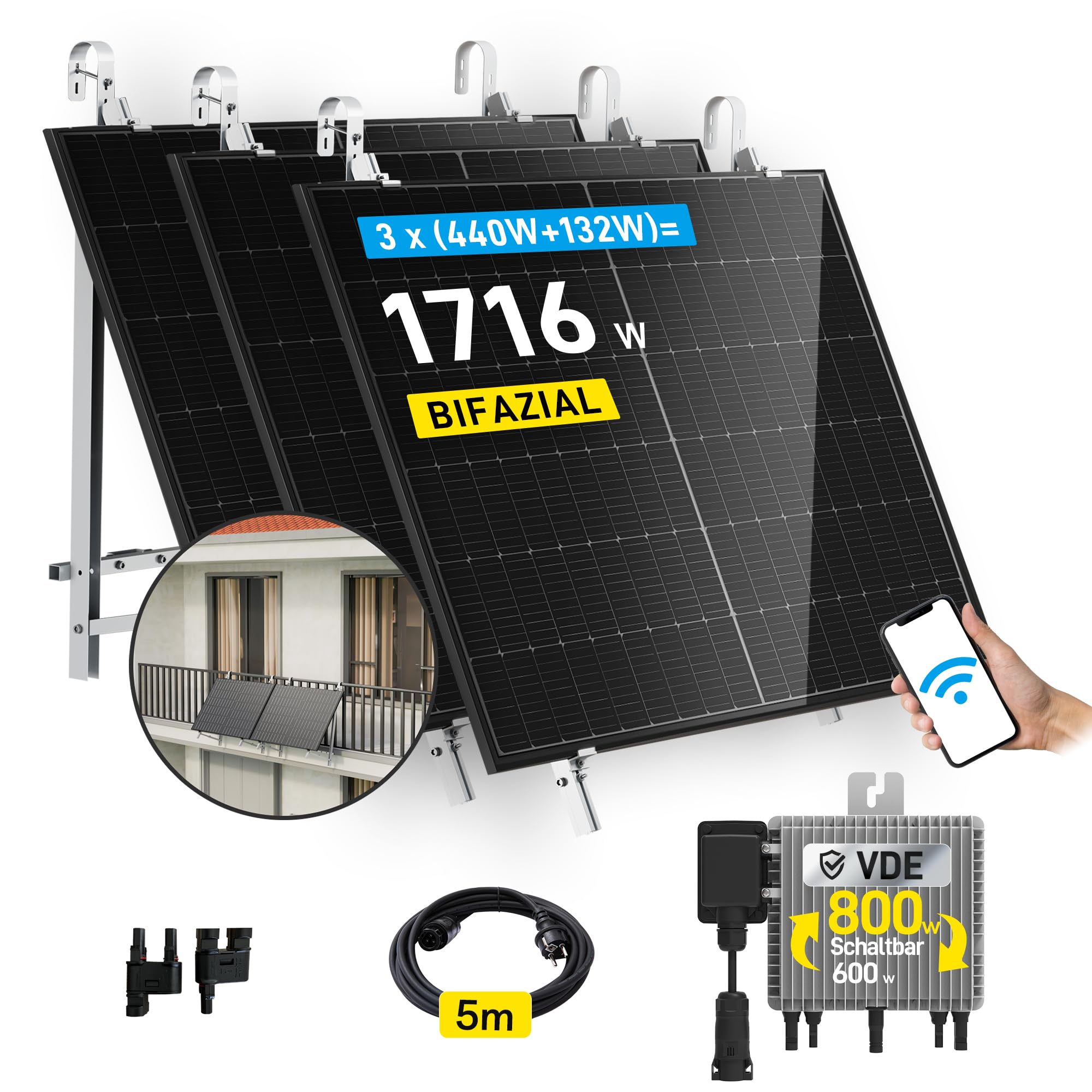 ALLDREI® 1320W Balkonkraftwerk mit Halterung Balkon, 3x440W Bifazialer Solarpanel, Balkonkraftwerk 800W komplett Steckdose, Wechselrichter 800W mit Wifi, Photovoltaik komplettanlage, 5m Kabel