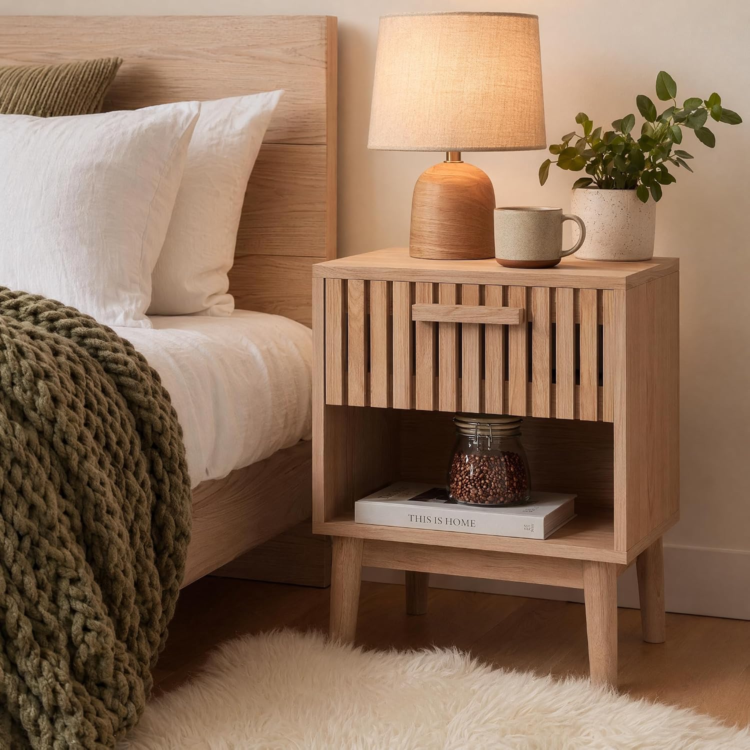 Bedside Tables Bedroom Pack 2, Comfortable Drawers Bedside Table Set of 2 35 x 40 x 55 cm Side Tables Living Room with Drawers Wooden Furniture Storage Chest for Living Room (B Wood Colour)