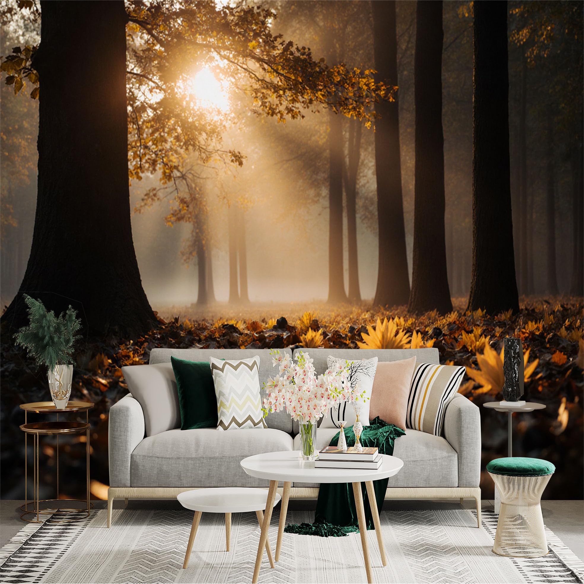 Lnzczhyre Xc260505503 Custom Size Wall Sticker Mural， Golden Autumn Forest， Sunlight Through Trees， Fallen Maple Leaves， Peaceful Morning Landscape， For Wall Decoration， Peelandstick Wall Decals.