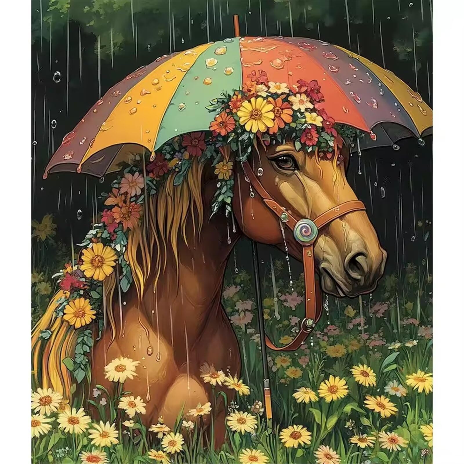 Senyanr Kit Per Diamond Painting 5D per Adulti Pioggia, Fai Da Te kit per Pittura Diamante, Trapano Quadrata Completo, Strass Ricamo a Punto Croce painting, Decorazione Casa 95x115cm Brown Horse