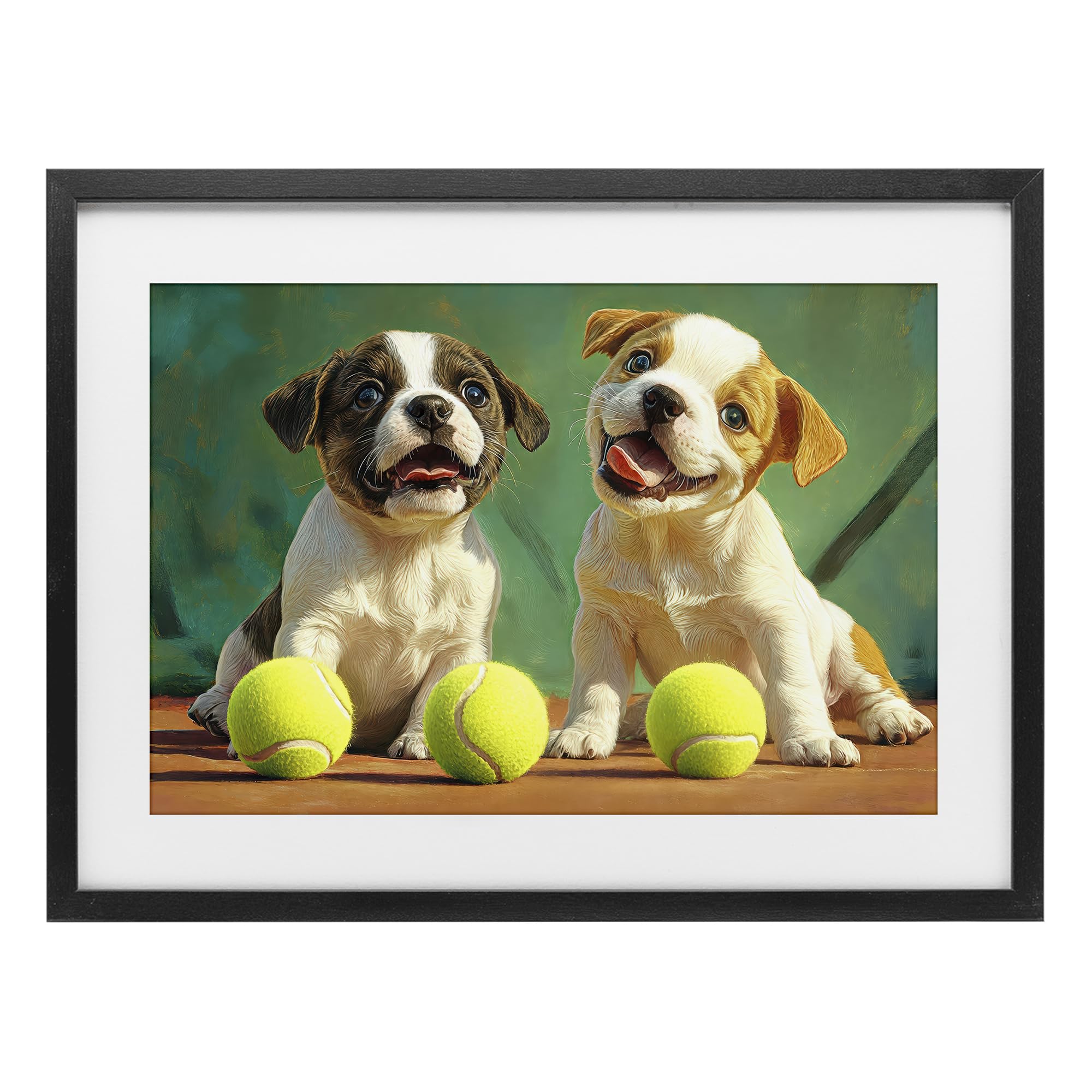 'Adorable Puppies with Tennis Balls'| Framed Print Under Glass