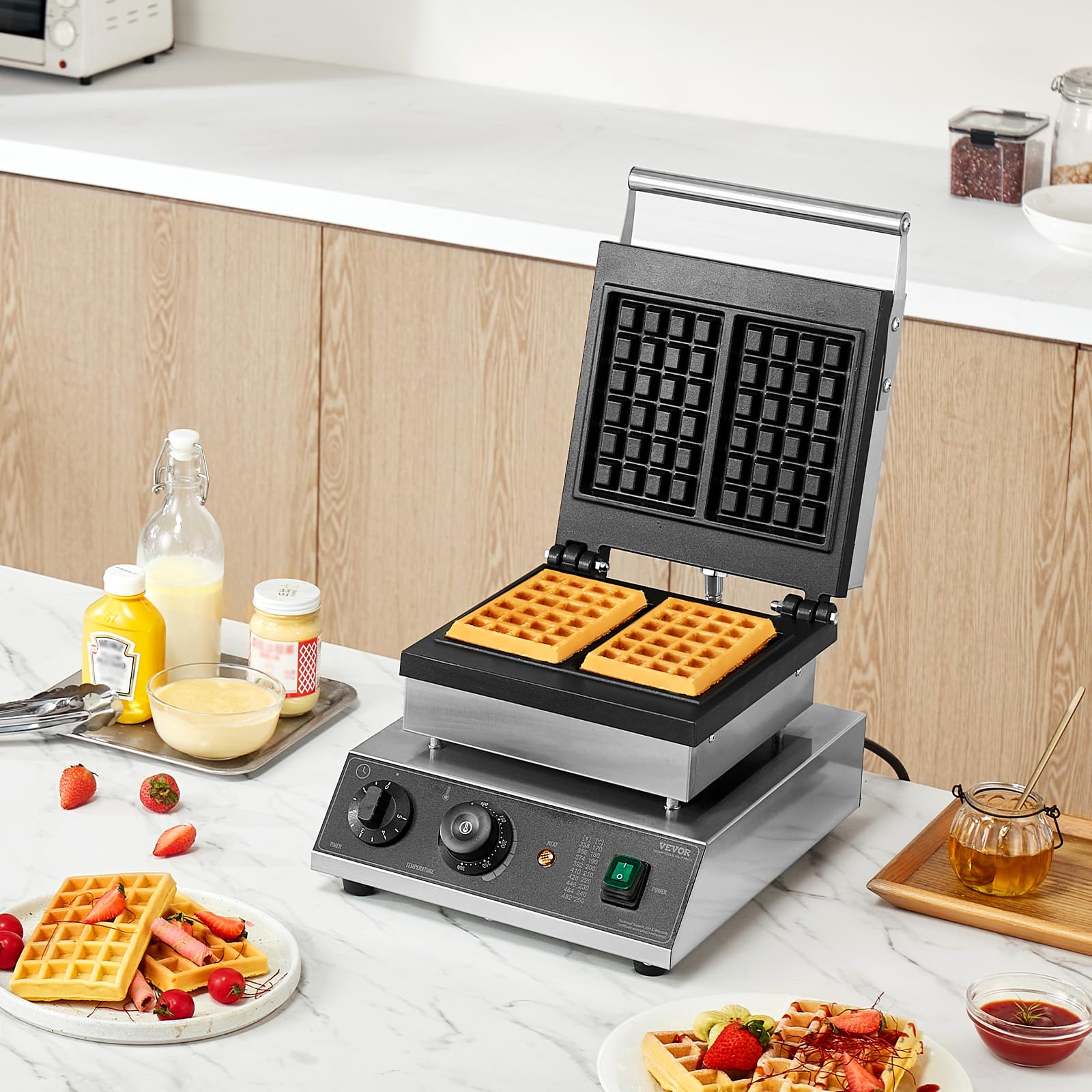 VEVOR Gaufrier Commercial 2000 W, Appareil à Gaufres Belges Rectangulaires Capacité 2PCs, en Acier Inoxydable, Antiadhésif, avec Contrôle de la Température et du Temps, Boulangerie, Snack-bar