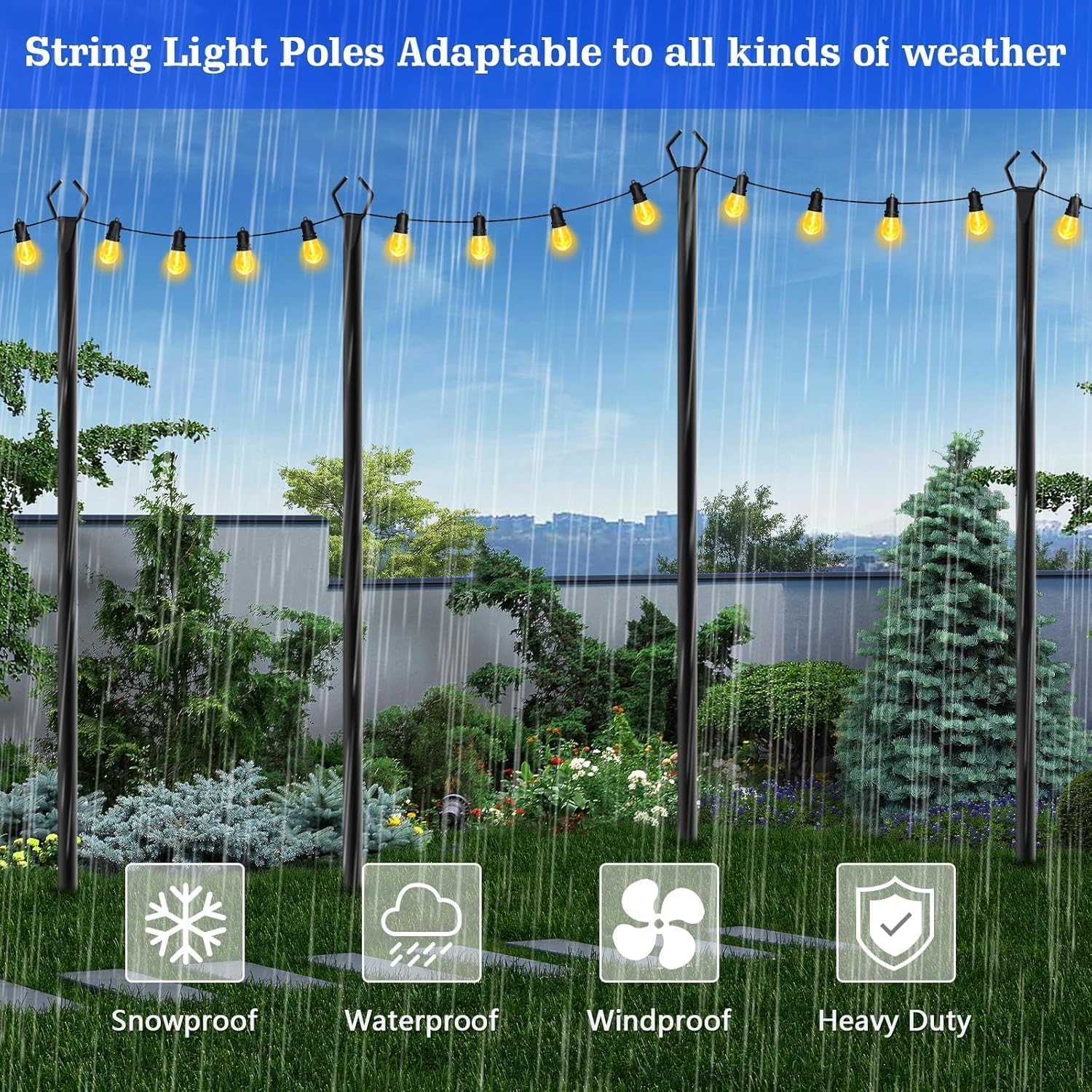 Lot de 4 barres lumineuses en métal de 2,99 m avec fourche, pour extérieur, poteaux, poteaux, stands pour extérieur, patio, terrasse, jardin, mariage, fête (4 pièces)