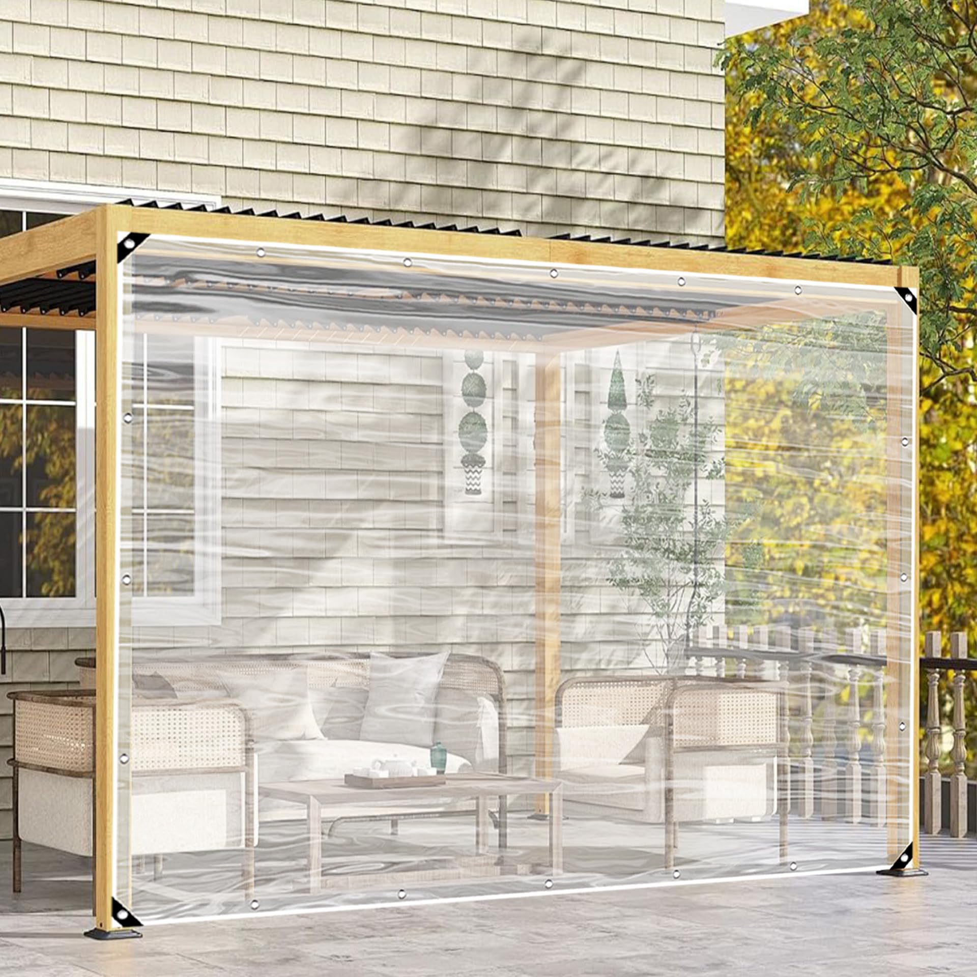 Lona impermeable exterior contra filtraciones de agua en muebles de terraza con cuerda
