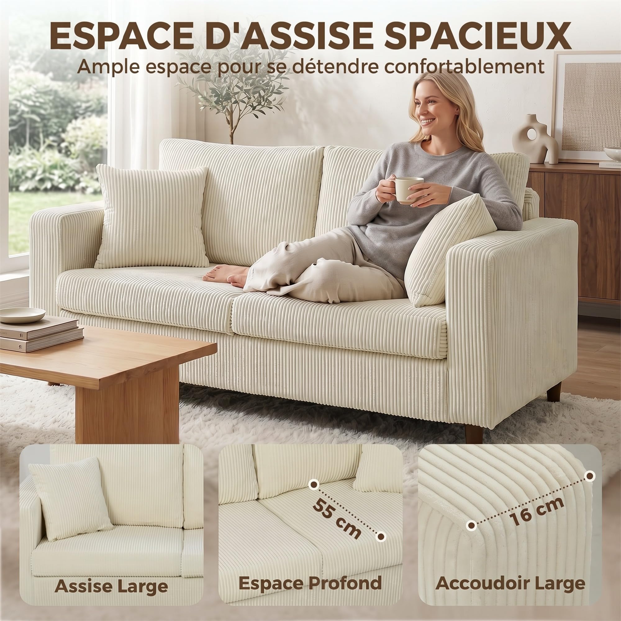 HOMCOM Canapé 2 Places en Velours Côtelé Moderne 170 cm Assise Large Crème