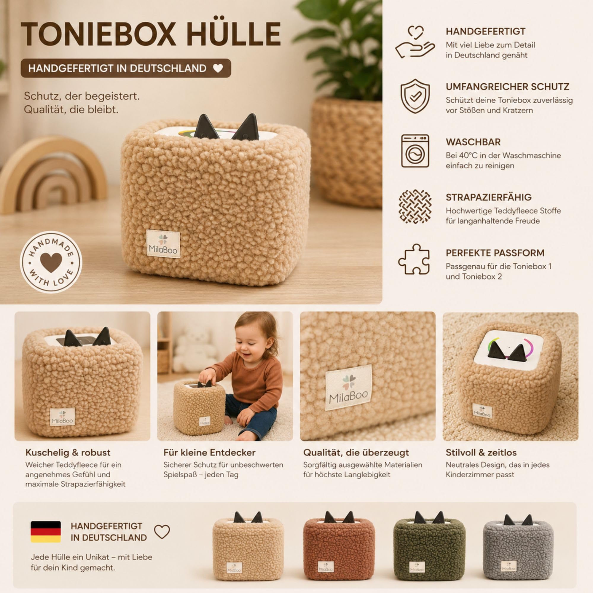 Milaboo Housse en peluche de qualité supérieure pour Toniebox 1 et 2, fabriquée à la main en Allemagne, avec tissu en peluche doux, housse de protection et manipulation facile (beige)