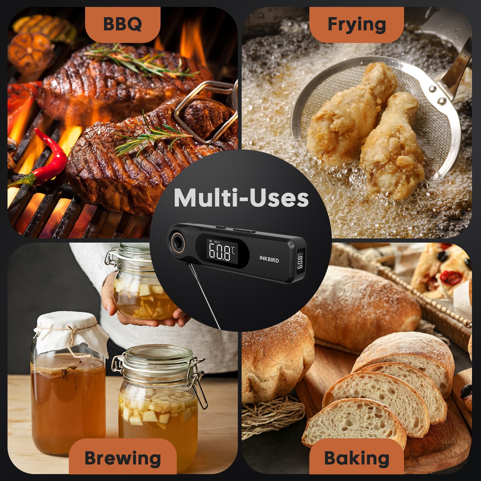 INKBIRD IHT-51K Termómetro Digital para Carne, Termómetro para Barbacoa de Pantalla Dual, Sonda Ultradelgada de 1.8 mm, Reacción de 0.5 Segundos, Impermeable IP65, Termómetro para Horno de Cocina