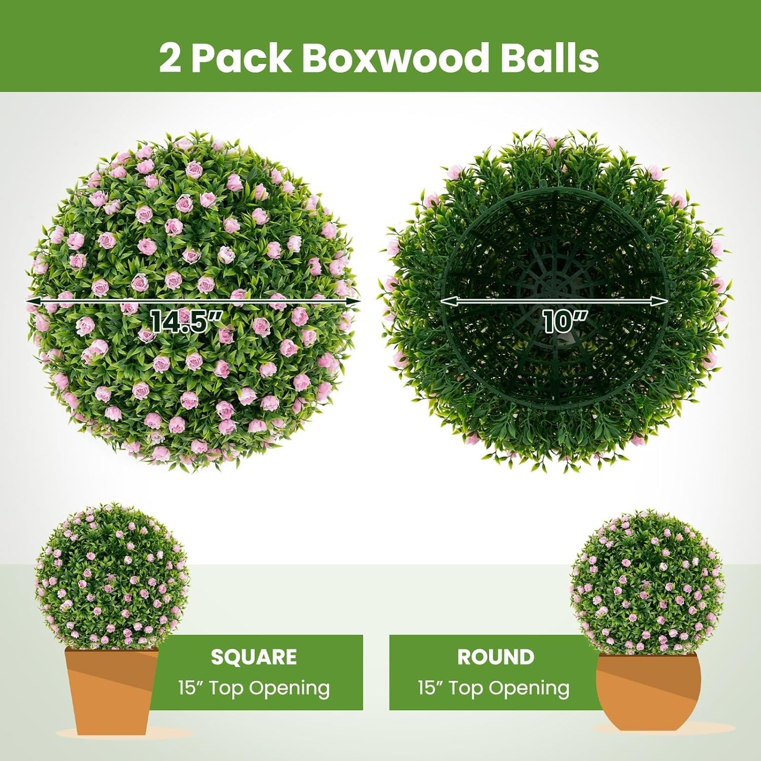 Exquisite Flower World 2PCS 14.5 Inch Artificial Topiary Balls, Round Pink Artificial Plant Balls for Front Door, Porch, Backyard, Home Décor Table Decoration, Home Environment, Party Setting